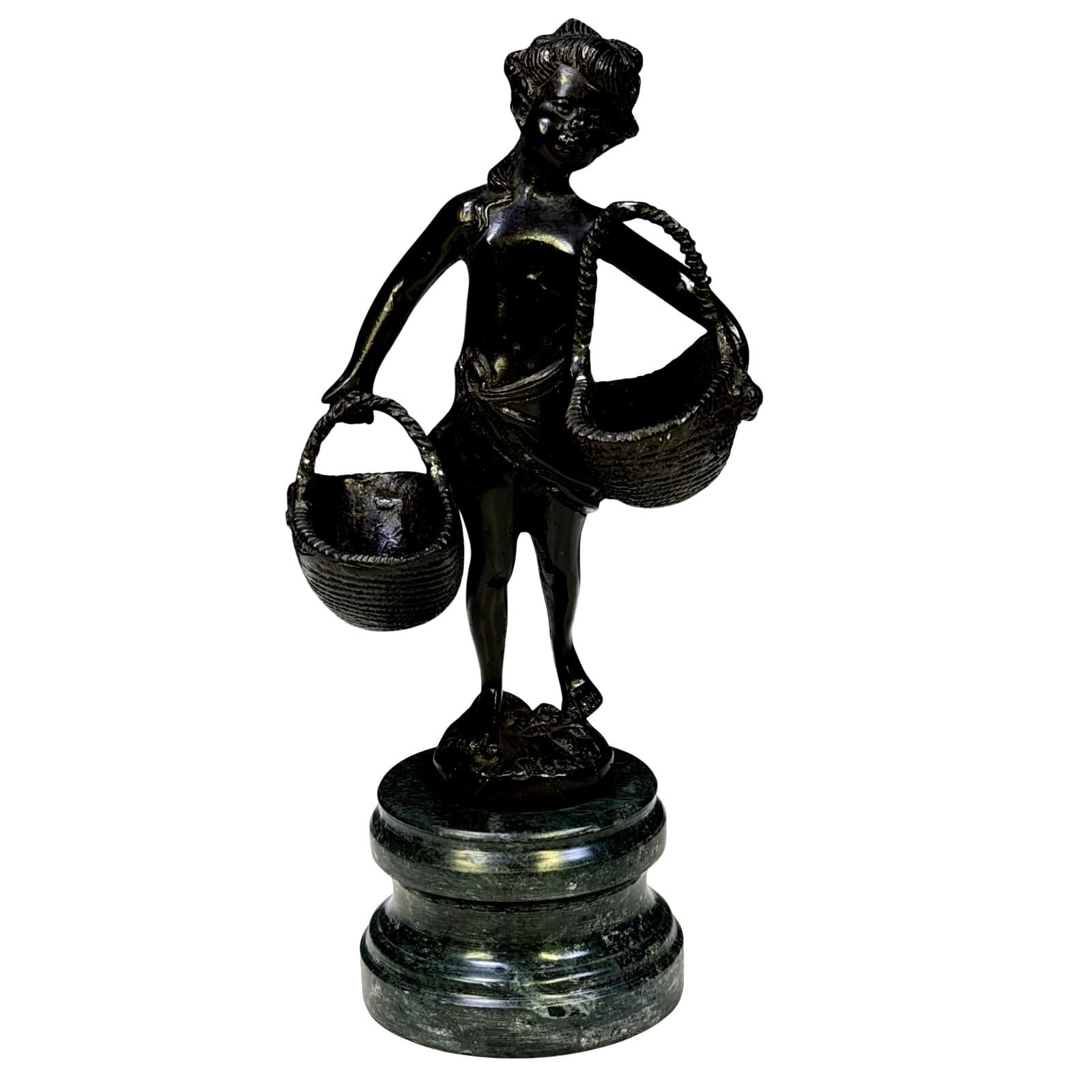 Vintage Andrea by Sadek Figural Boy Statue Baskets Marble Base Bronze Finish 11"
