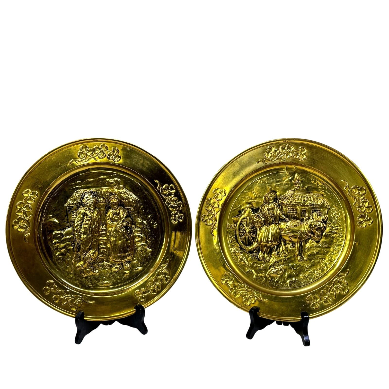 Vintage Brass Wall Plates Set of 2 Embossed European Peasant Scene Hanging Decor