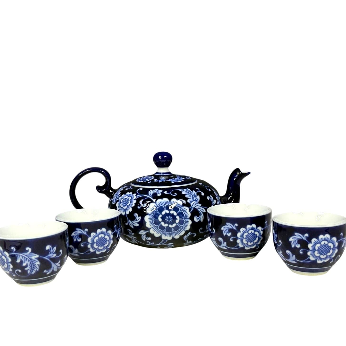 Pier 1 Mandarin Tea Set Teapot w Lid + 4 Cups Blue White Floral Porcelain China
