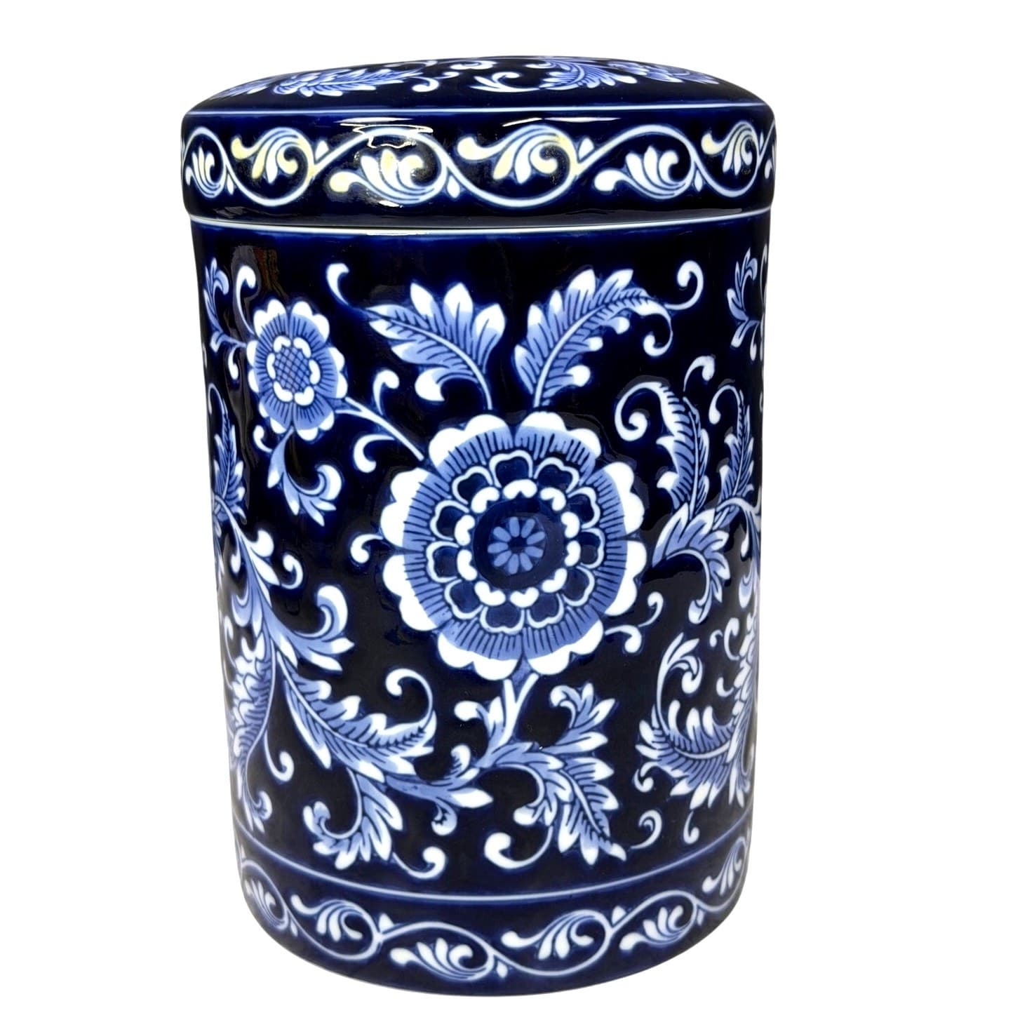 Pier 1 'Mandarin' Large Canister Airtight Lid Blue White Porcelain Kitchen 9.5”