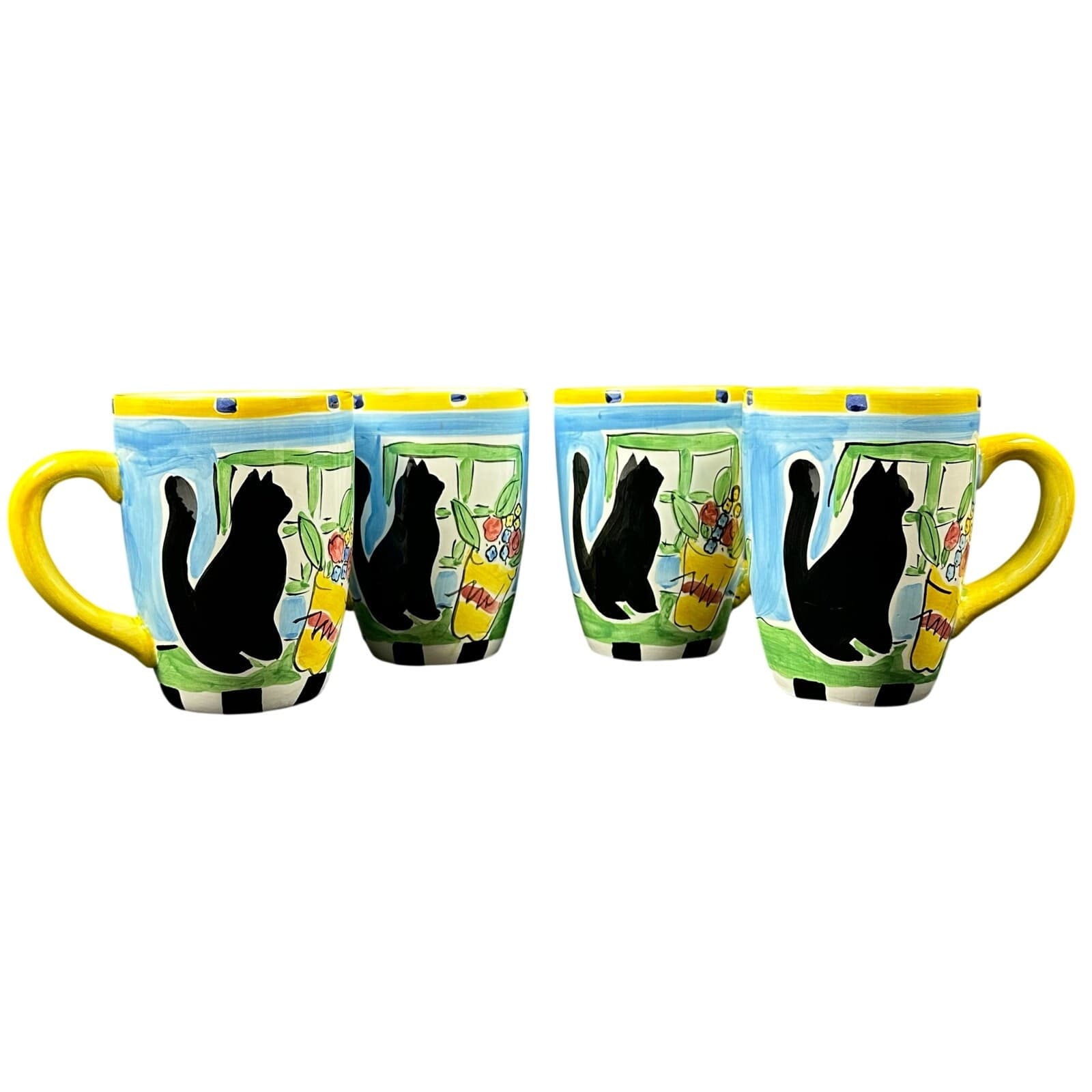 Hausenware Black Cat In Window Set of 4 Mugs Cups
