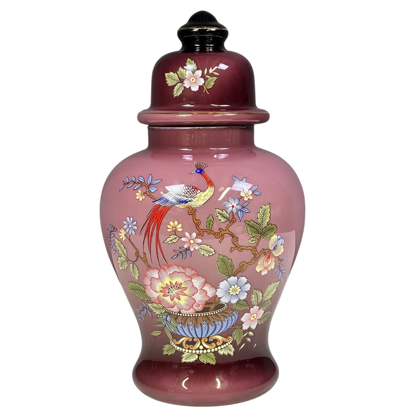 Ardalt Italy Lavender 16" Hand Painted Peacock Floral Glass Ginger Jar w/Lid