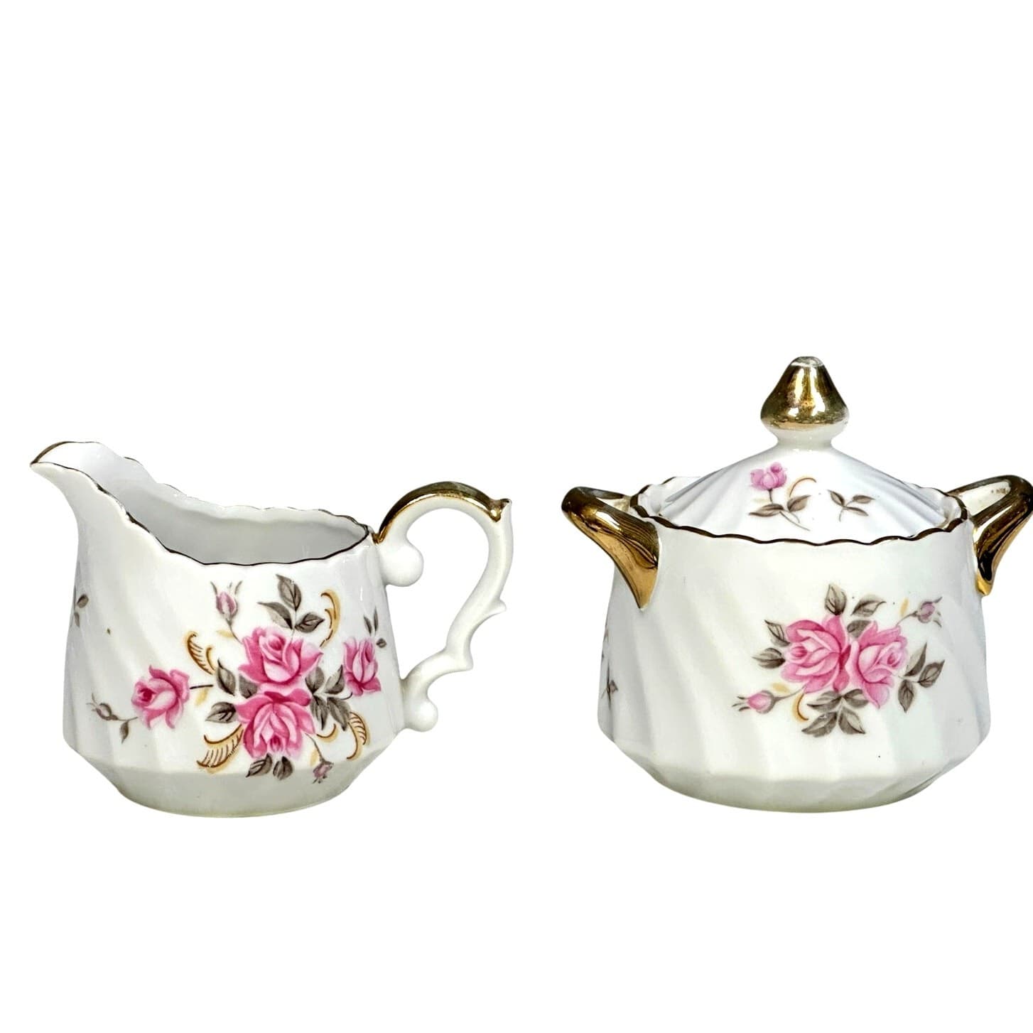 Lefton Retired 'Moss Rose' Cream Pitcher and Sugar Bowl with Lid Set