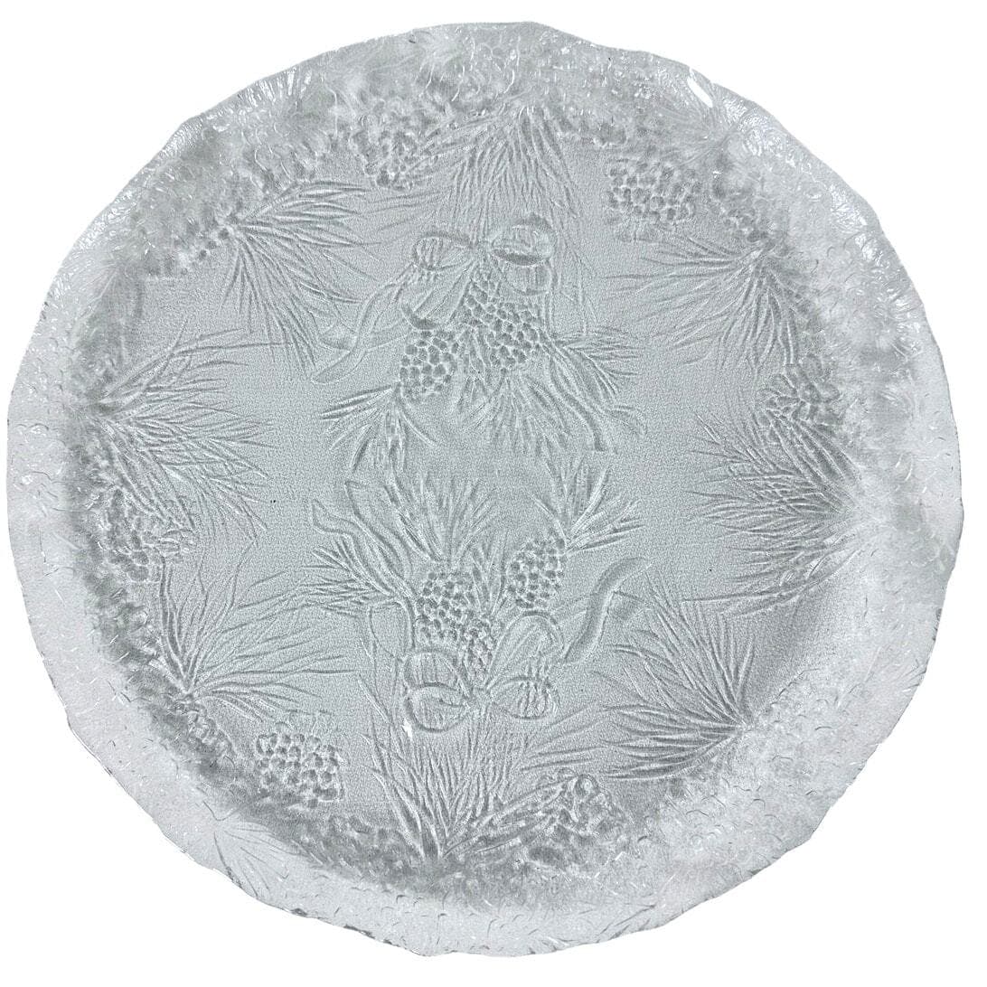 Holiday Clear Glass with Bells Bows Pinecones & Evergreens Platter-Set of 2