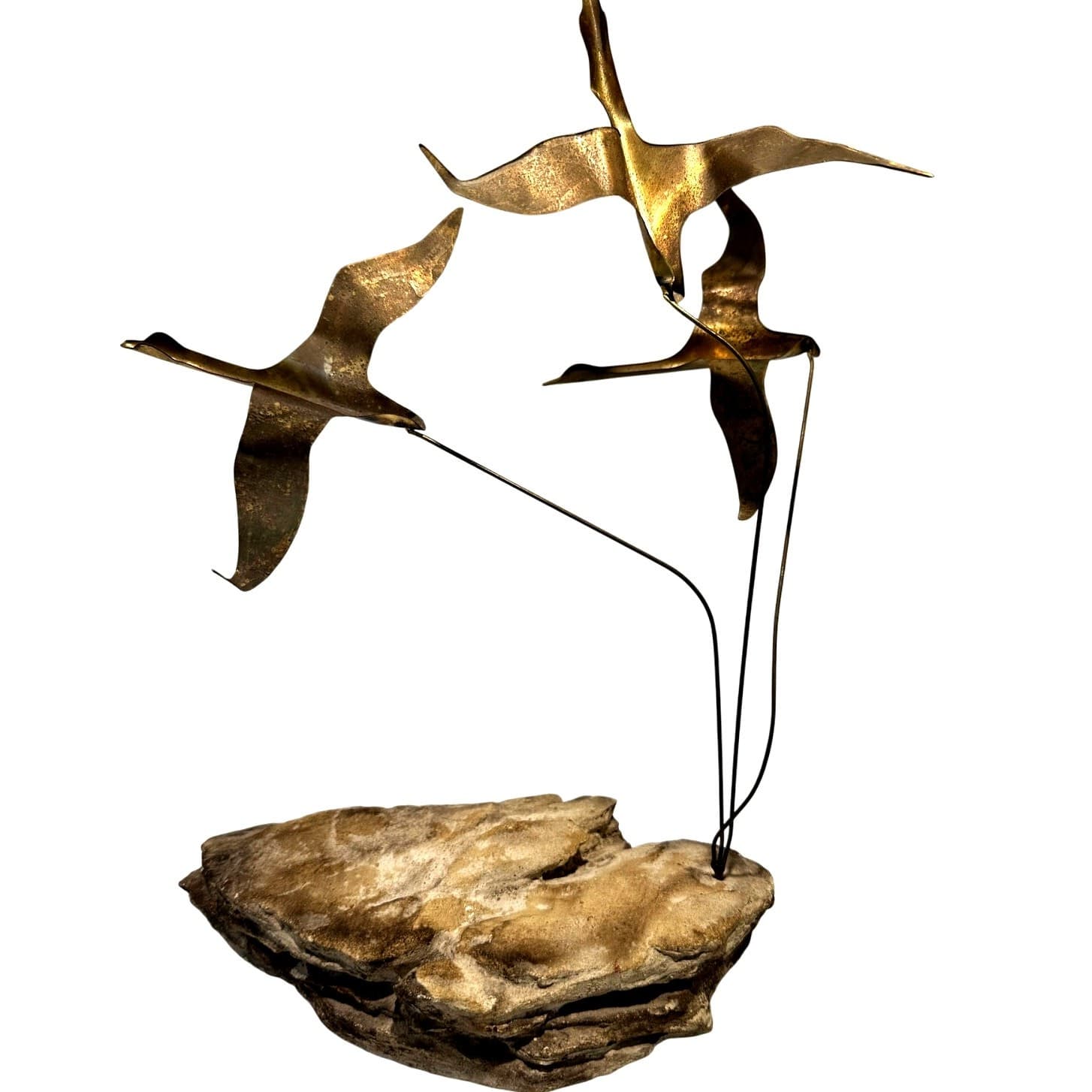 Vintage Mid Century Modern Brass Flying Geese Sculpture Natural Stone Base 13.25