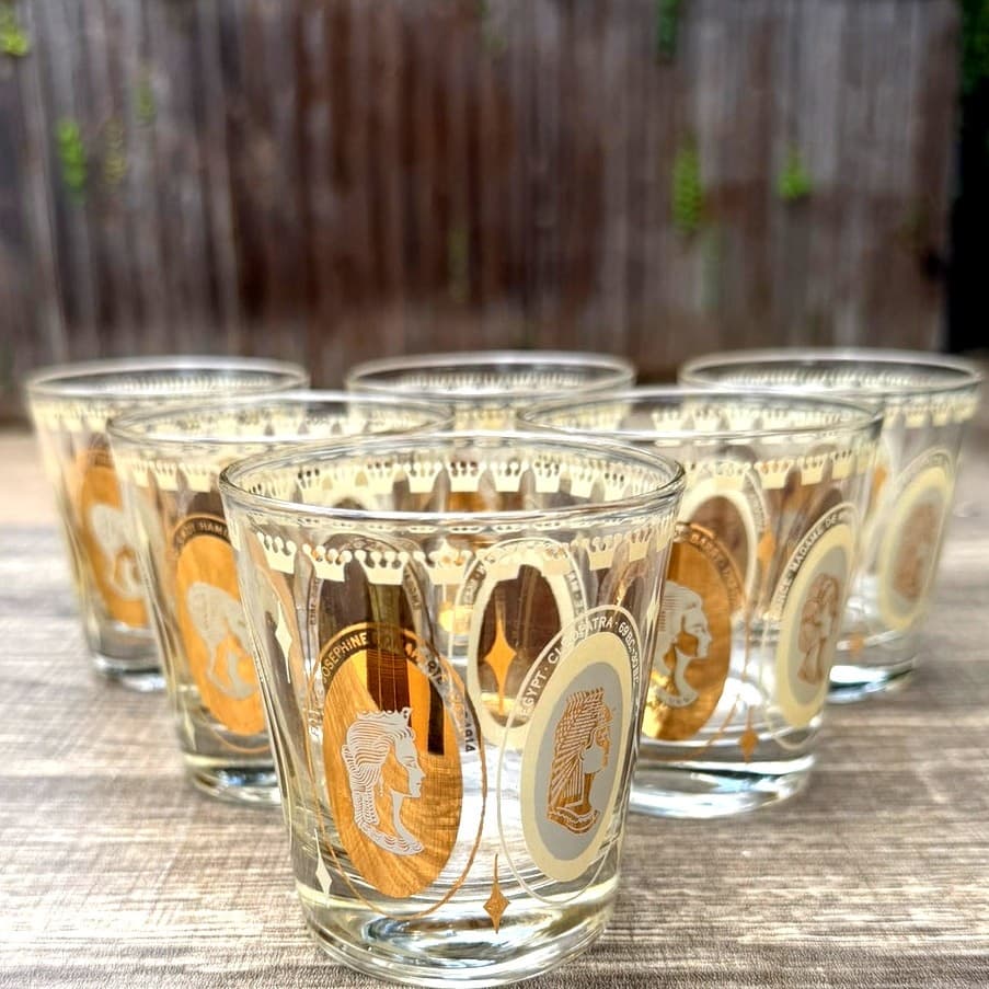 Gold Accented Mid-Century Women of Royalty Whiskey Rocks Cocktail Glass-Set of 6
