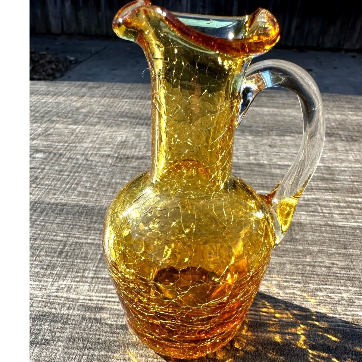 Miniature Amber Pilgrim Hand Blown Crackle Glass Clear Handled 5" Pitcher