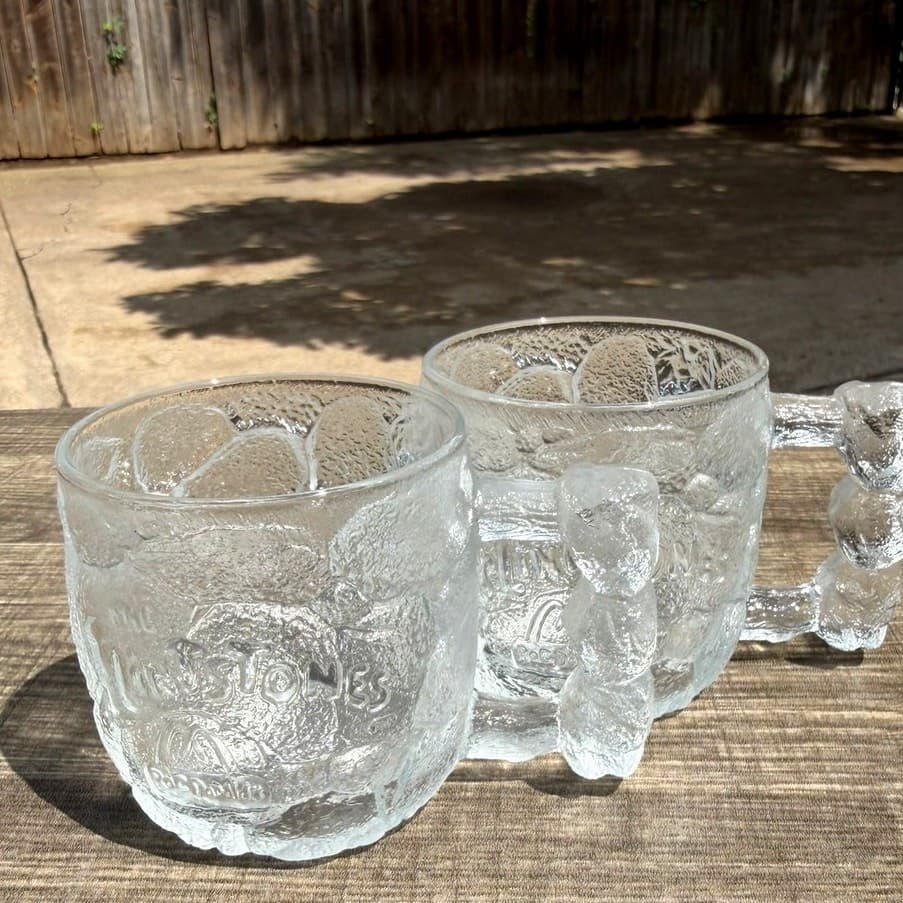 Vintage 1993 McDonalds Flintstones RocDonalds Glass Mugs Set Of 2 Bone Handle