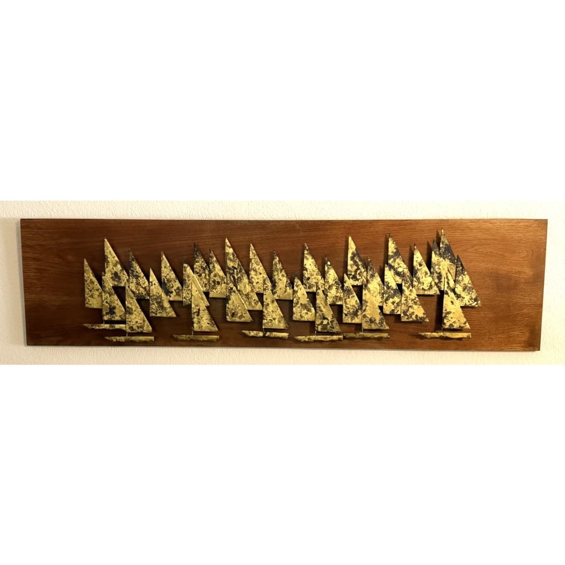 Peter Pepper Brass Sailboat Wall Sculpture Walnut MCM Brutalist 1960s California