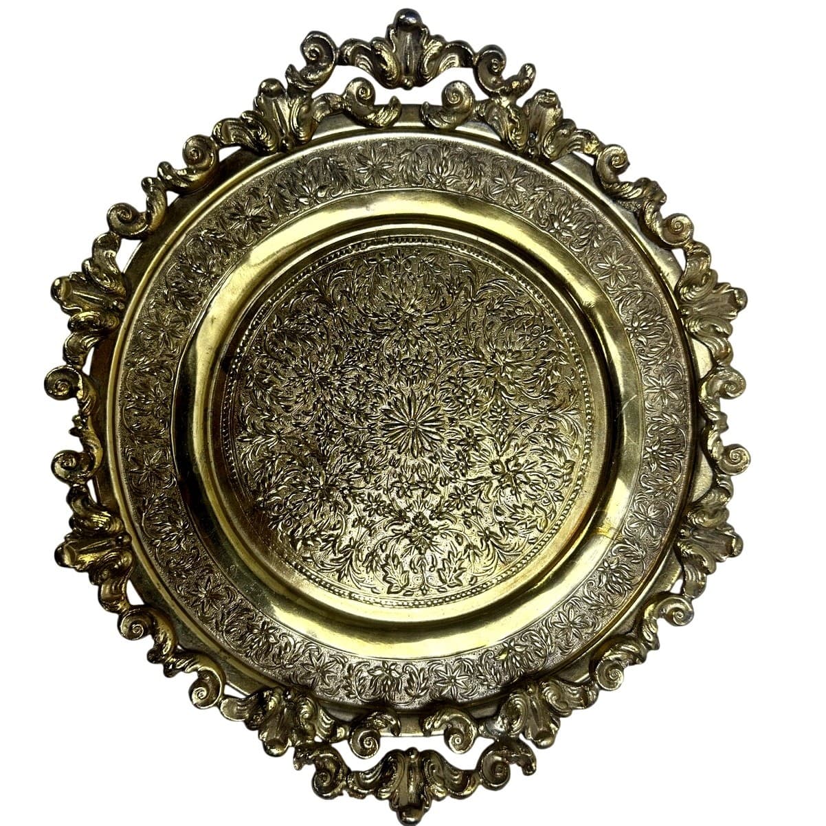 Brass Embellished Turkish Art Nouveau 10" Footed Platter/Tray w/Handles-Stunning