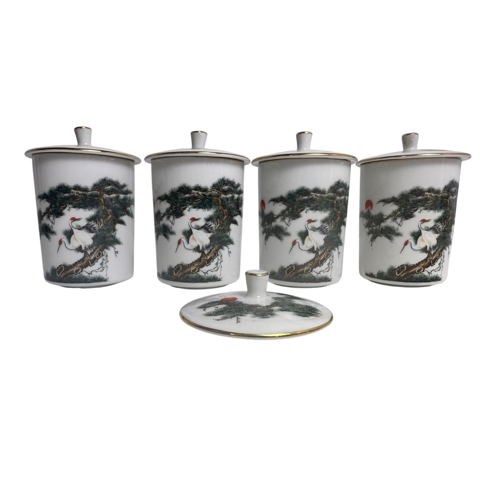 Tatung Tea Cups/Porcelain Jar Taiwan w/Lid Pine Trees/Red Sun/Cranes-Set of 4