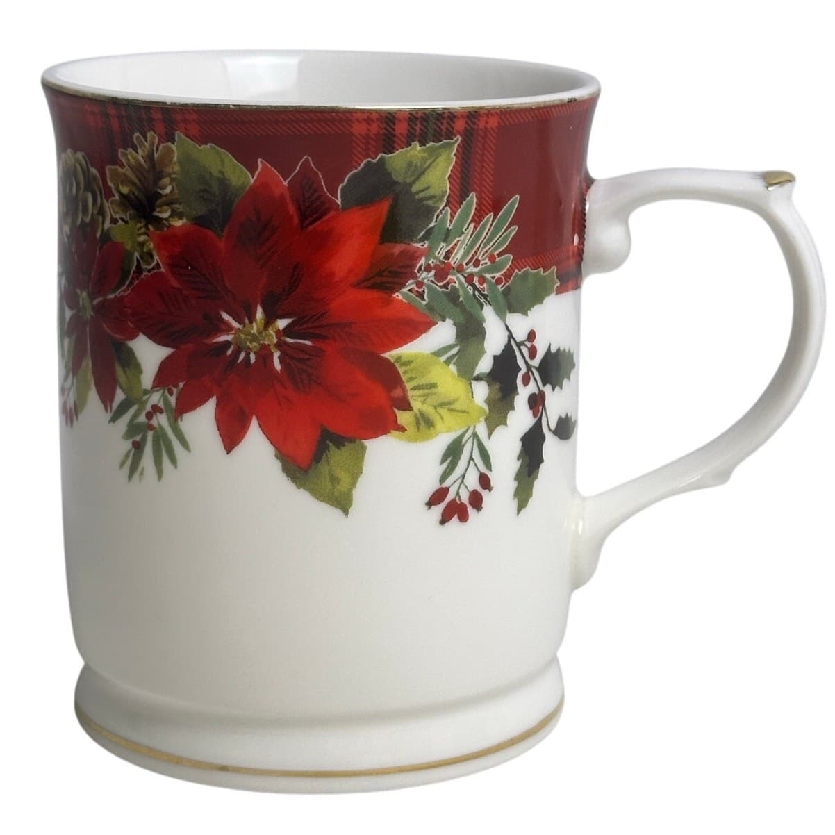 Grace Teaware Holiday Poinsettia & Plaid Porcelain 12oz Coffee or Tea Mug