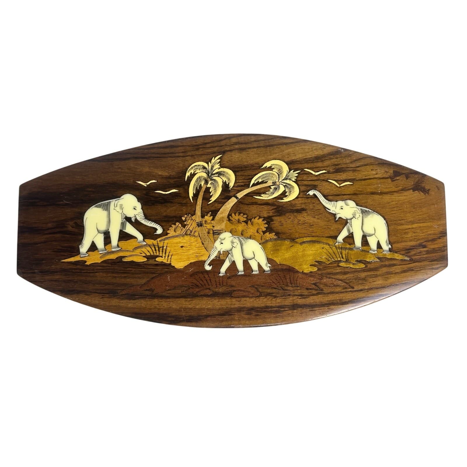 Wooden White Elephants Palm Trees Inlay Vintage Wall Art Plaque