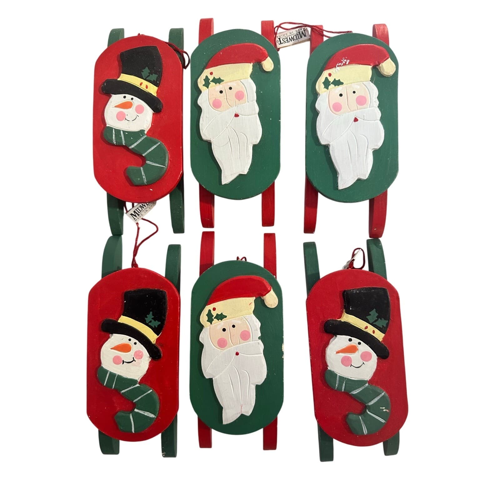 Midwest of Cannon Falls lot of 6 Wood Sled Ornaments 3 Snowmen & 3 Santa’s