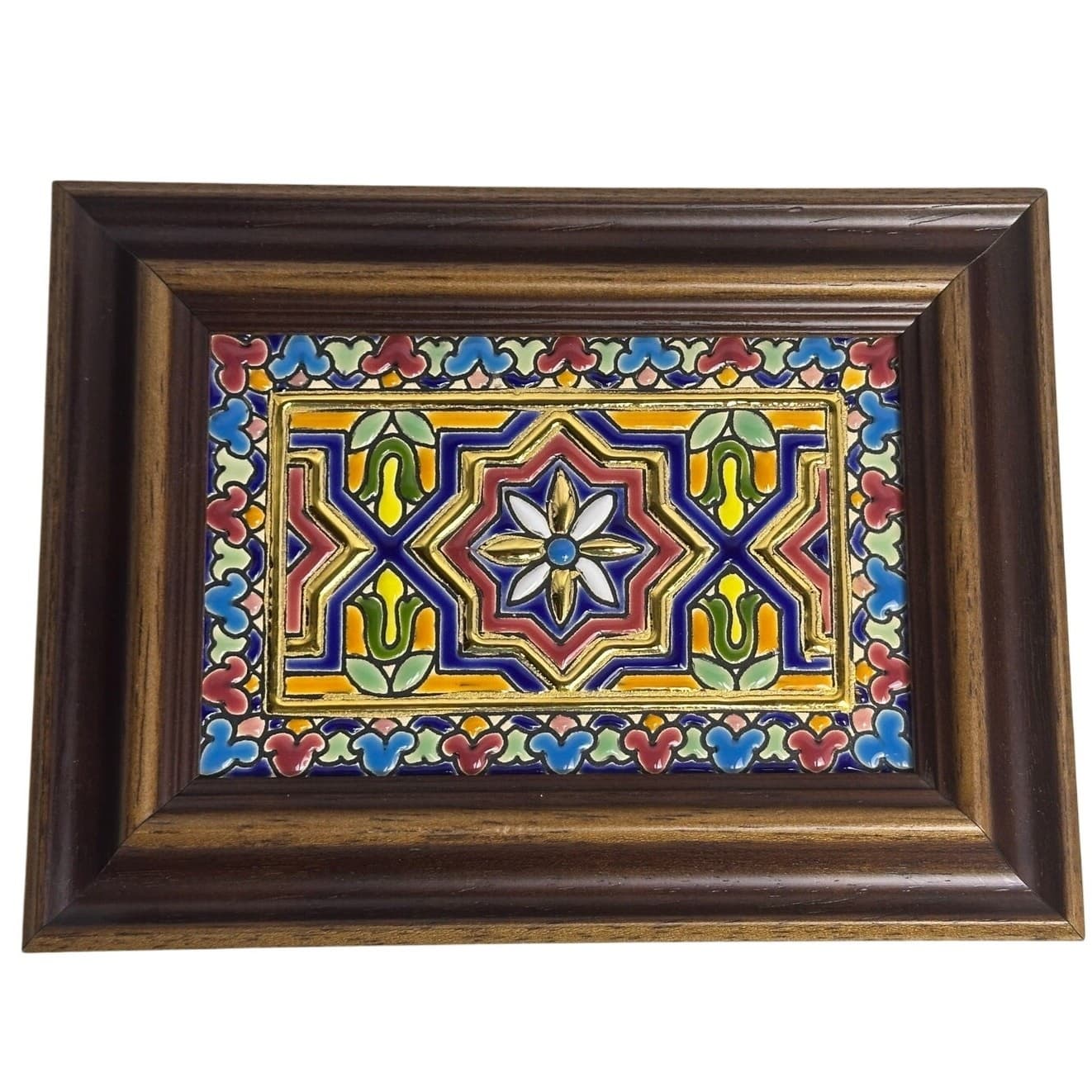 Persian Framed Decorative Ceramic Tile 8 x 6 Wall Art Vibrant Colors Gold Accent