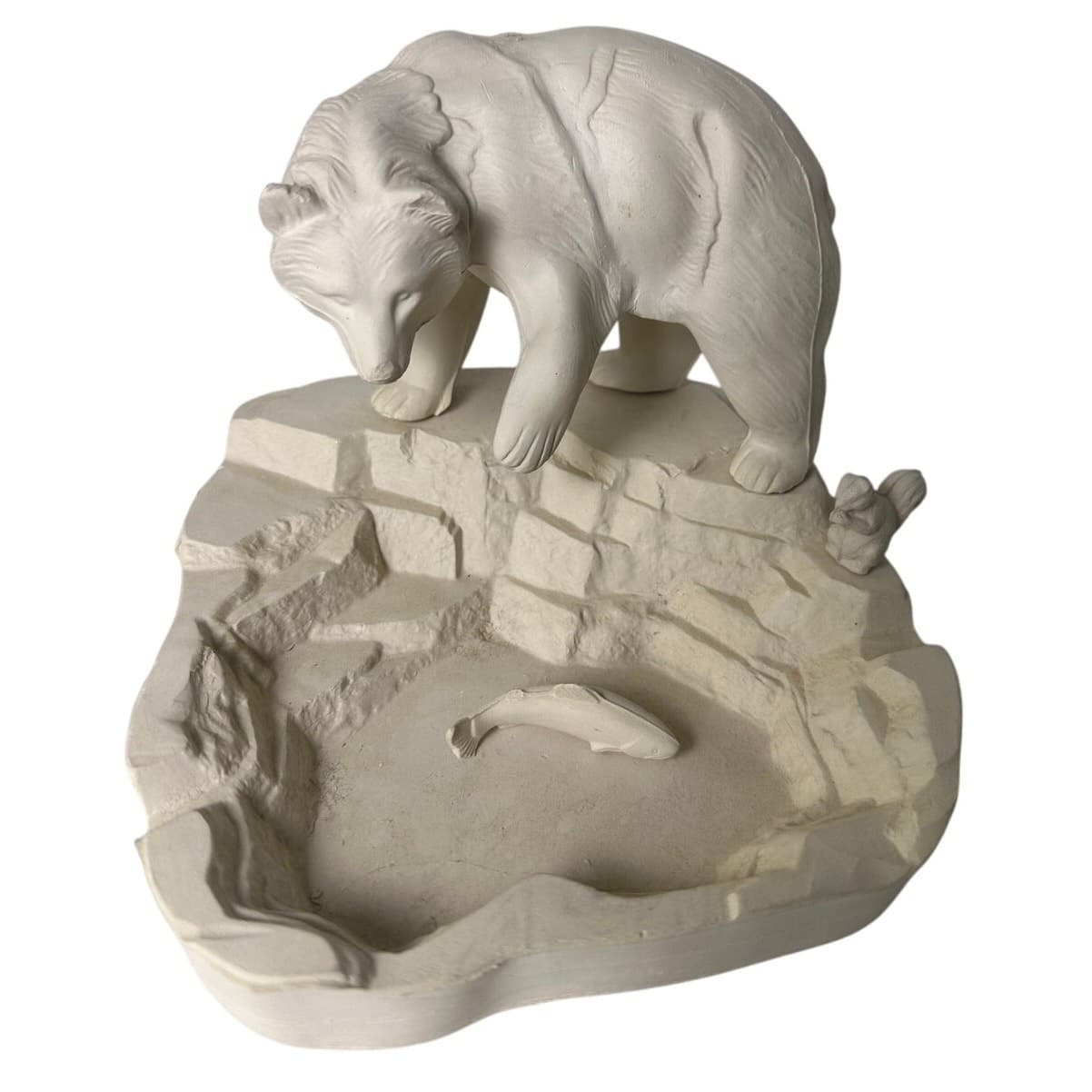 Unfired Greenware Bear Fishing in Pond 4 Piece Figurine Vintage