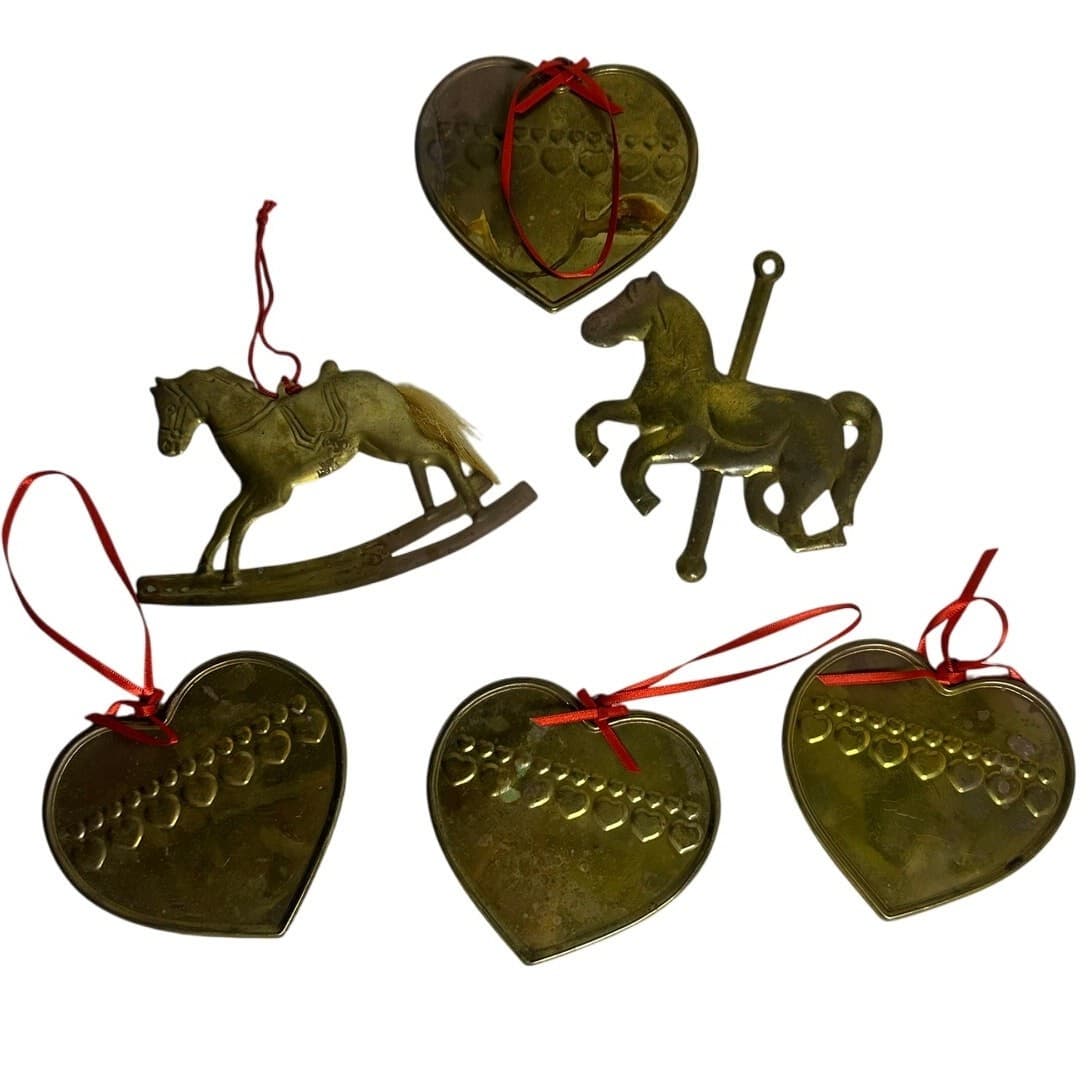 Department 56 Lot of 6 Vintage Brass Ornaments Hearts & Horses