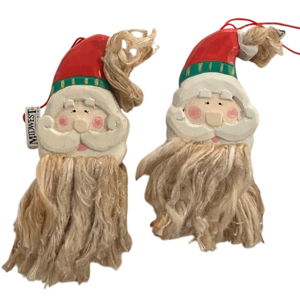 Midwest of Cannon Falls Lot of 2 Mop Beard Wood Painted Santa Head Ornaments