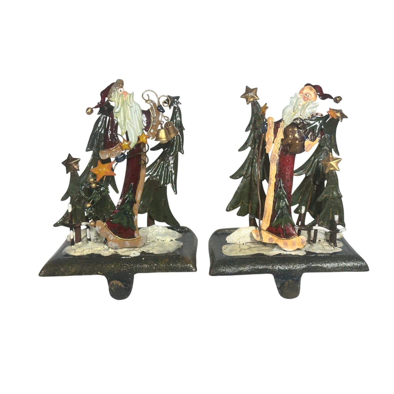 Ganz Santa Christmas Tree Bells Stars Metal Sculpture Stocking Holders-Set of 2