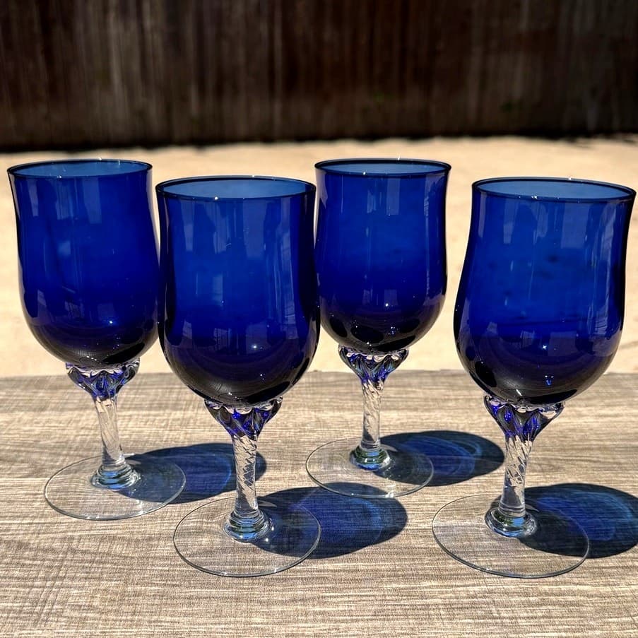 Vintage Sasaki Coronation Cobalt Blue Wine Goblets Twisted Stem Set of 4