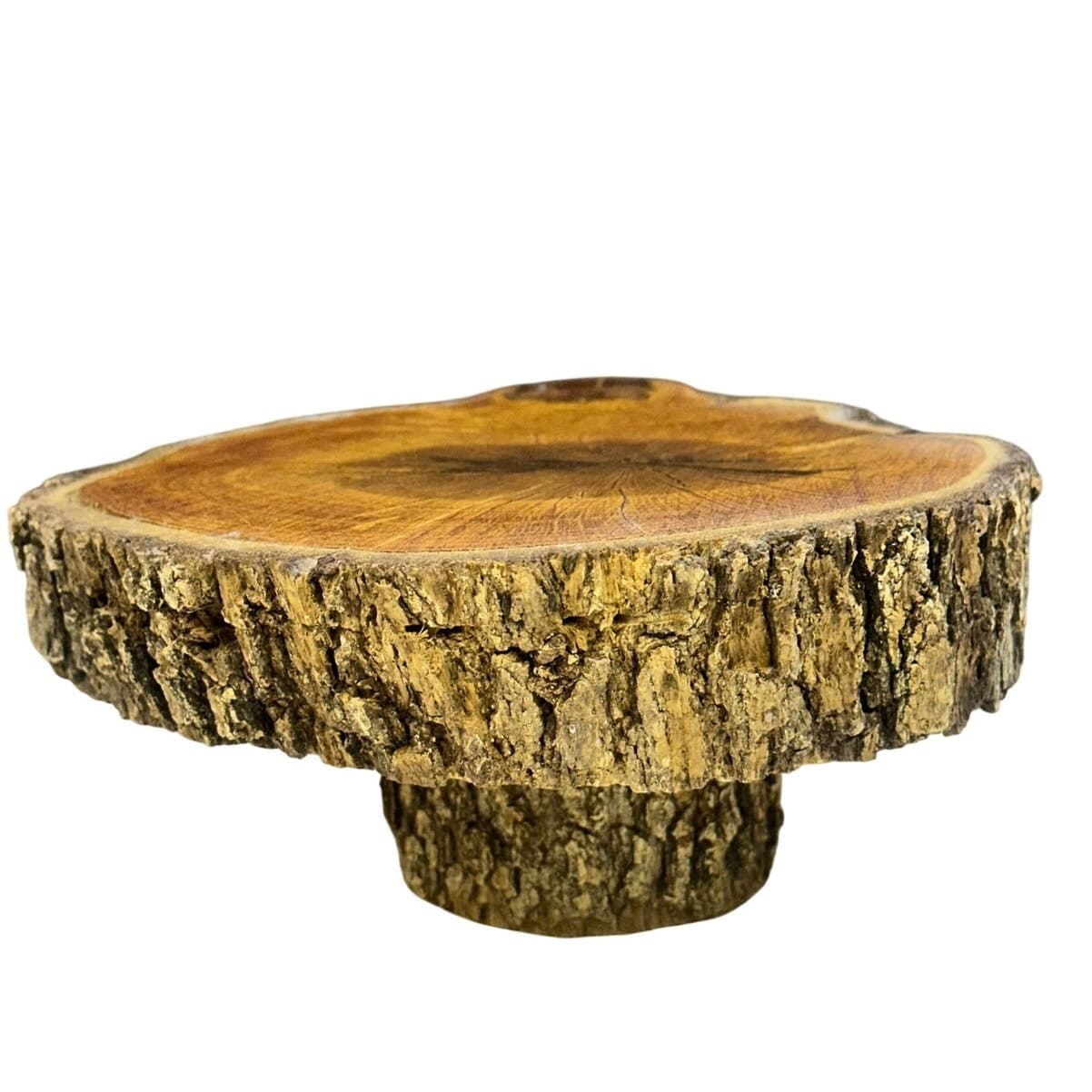 Unique Log Slab Pedestal Natural Wood 4.5" Cake Stand w/Rustic Bark Edge Accent