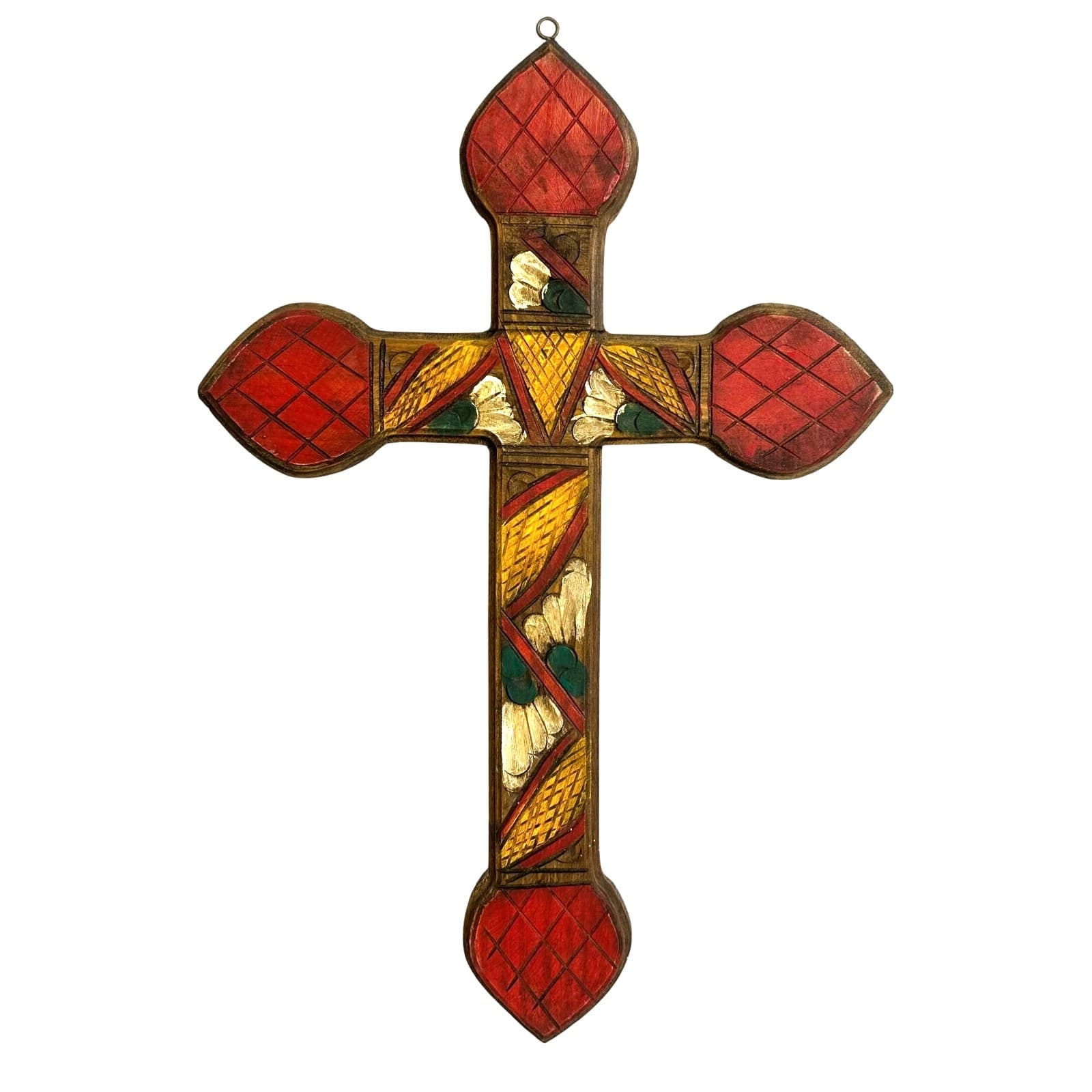 Hand Crafted Folk Art Carved Wood Painted Cross Mexico 15” x 10”
