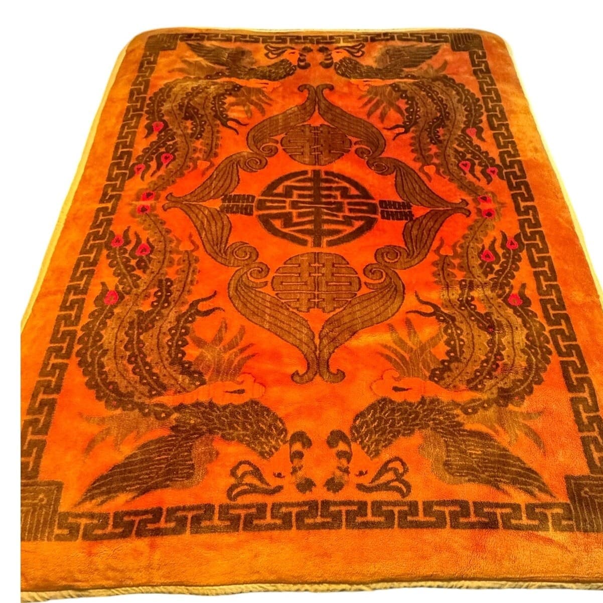 Vintage Korean Mink Blanket Orange Phoenix Crane Asian Plush Heavy 77x58