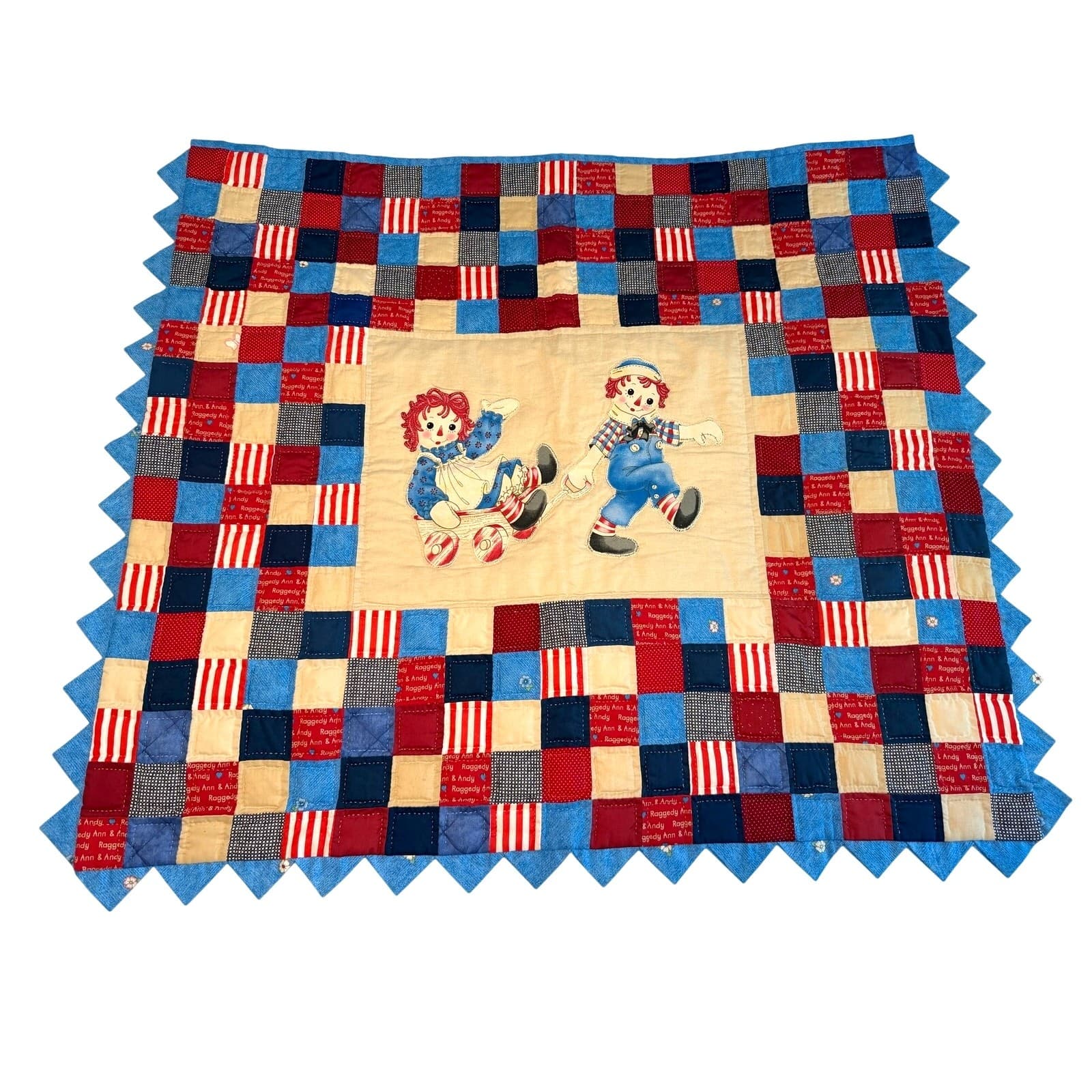 Vintage Handmade Raggedy Ann Andy Quilt Hand Quilted Patchwork Americana FolkArt