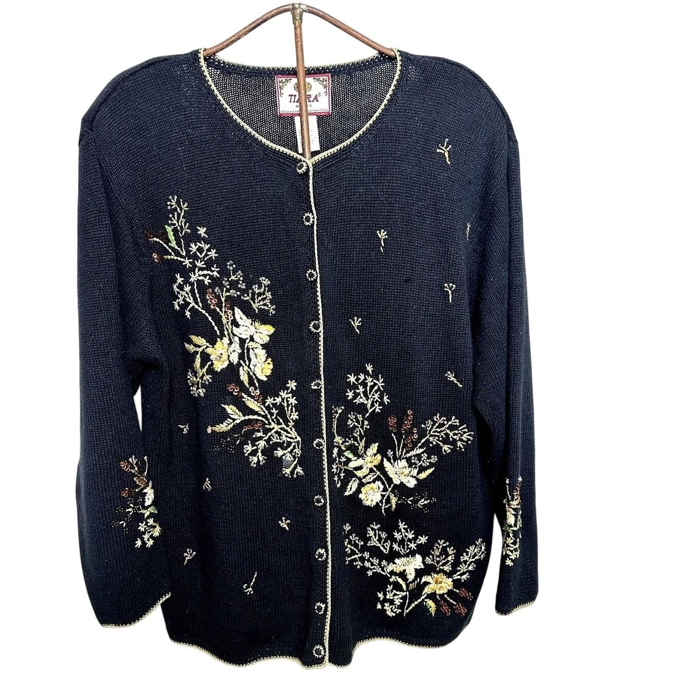 Tiara Women Black Woven Embroidered & Sequined Floral Pattern Sweater Size 18/20
