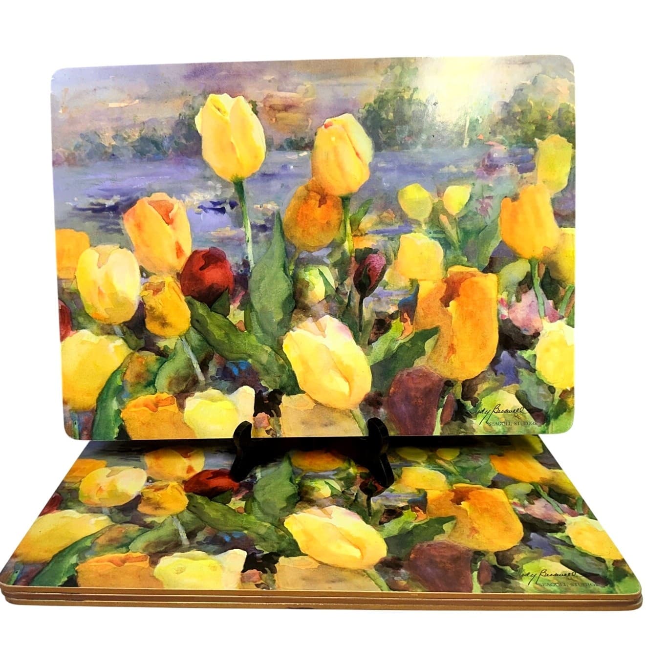 'Tulips' Cork Back Placemats Signed Judy Buswell Seagull Studios Design-Set of 4