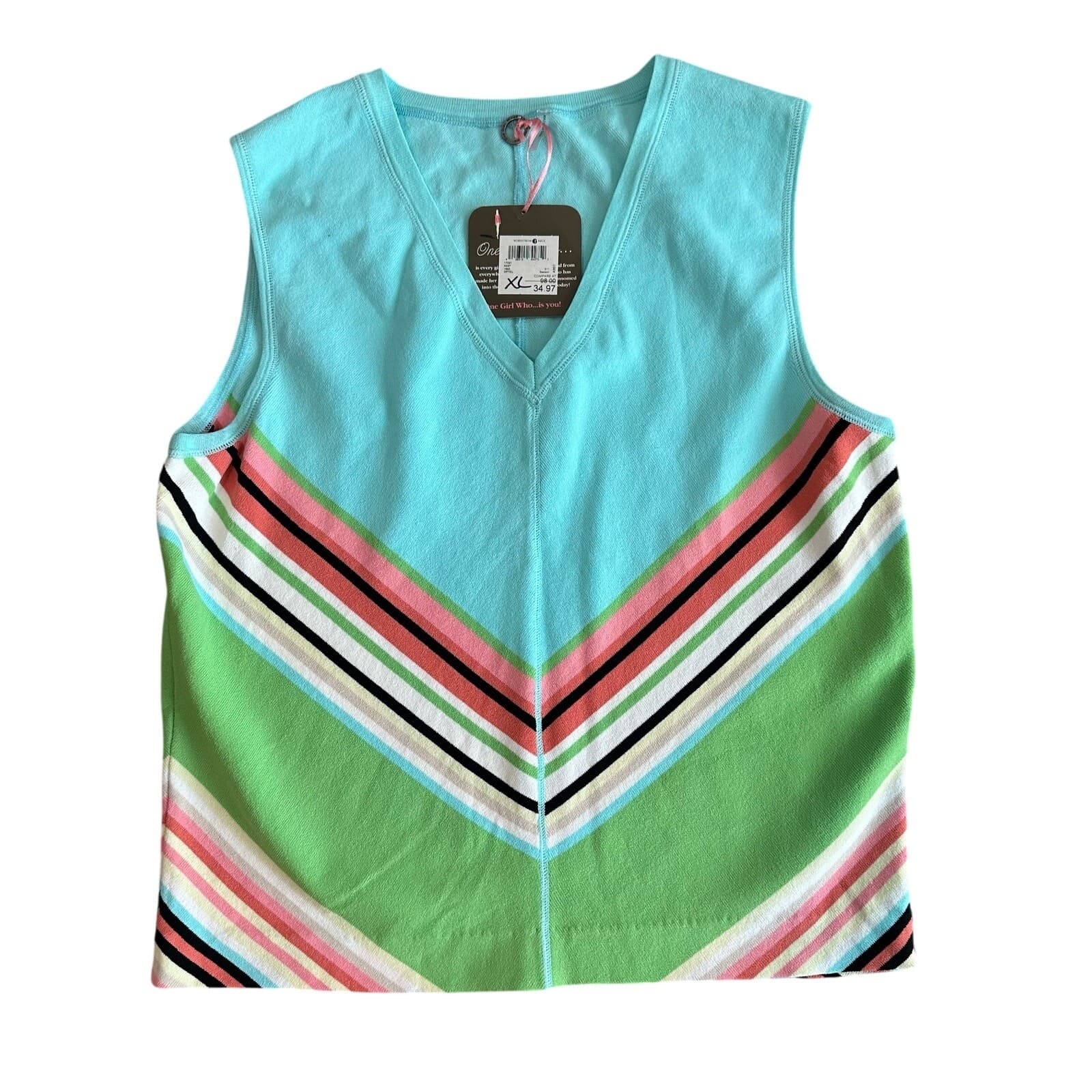 One Girl Who Turquoise/Blue With Chevron Pattern Tank Top XL New With Tags