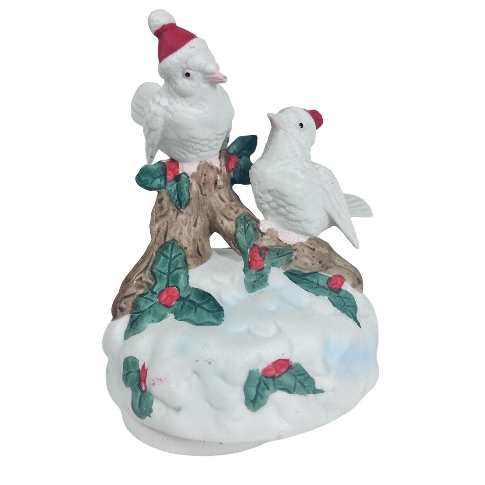 White Birds w/Santa Hats Snow Holly Christmas Music Box Plays Deck the Halls!