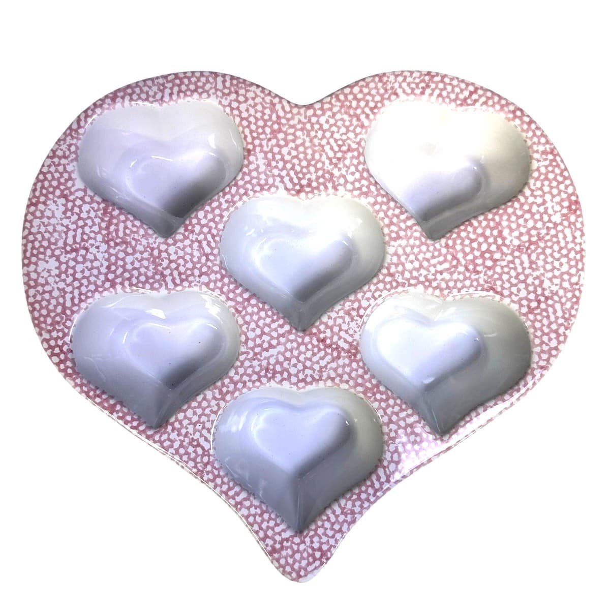 Vintage Pink Spongeware Heavy Heart Shaped Stoneware 6-Muffin Pan-Excellent