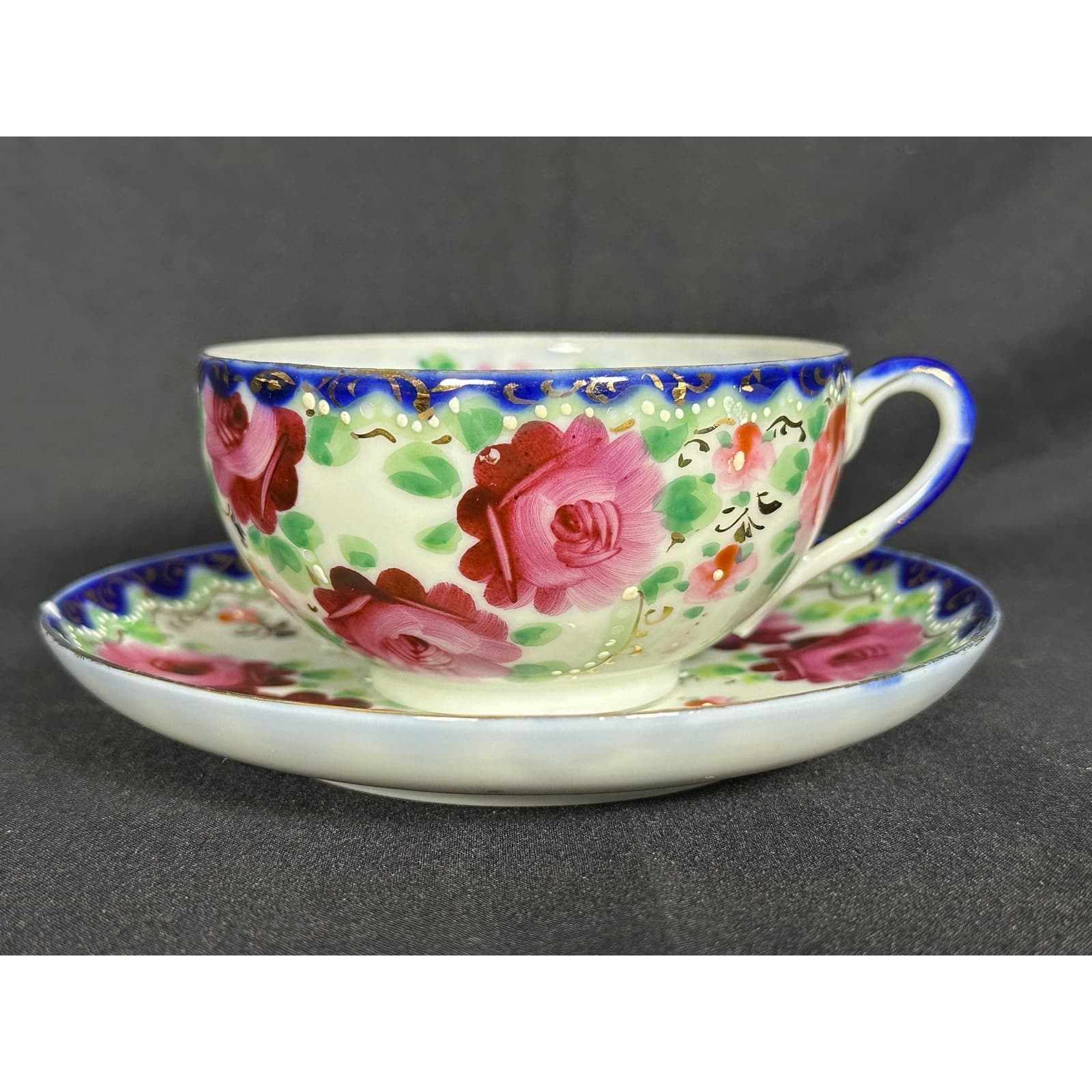 Floral Rose Porcelain Teacup and Saucer Unmarked VG