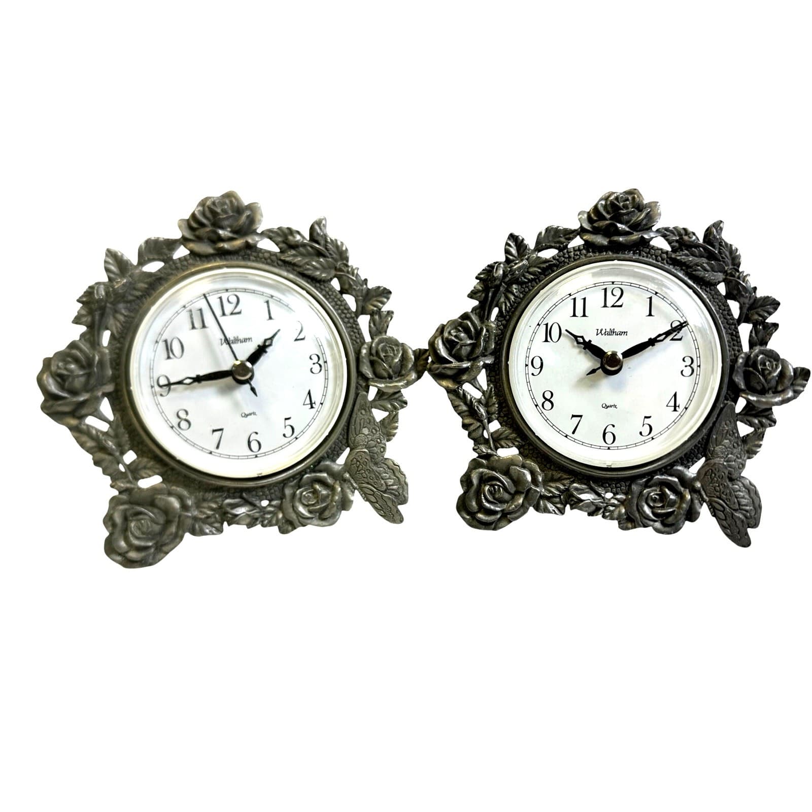 Pair Lovely Rose Rimmed Pewter Colored Metal Frame Quartz Clock by Waltham