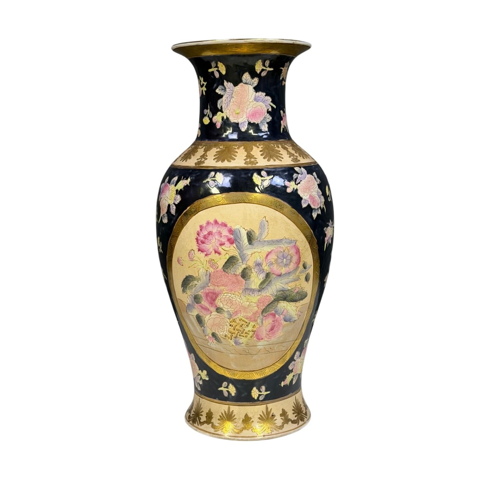 Mid-Century Macau Hand Painted Famille Rose Gold Porcelain 19" Ginger Jar Vase