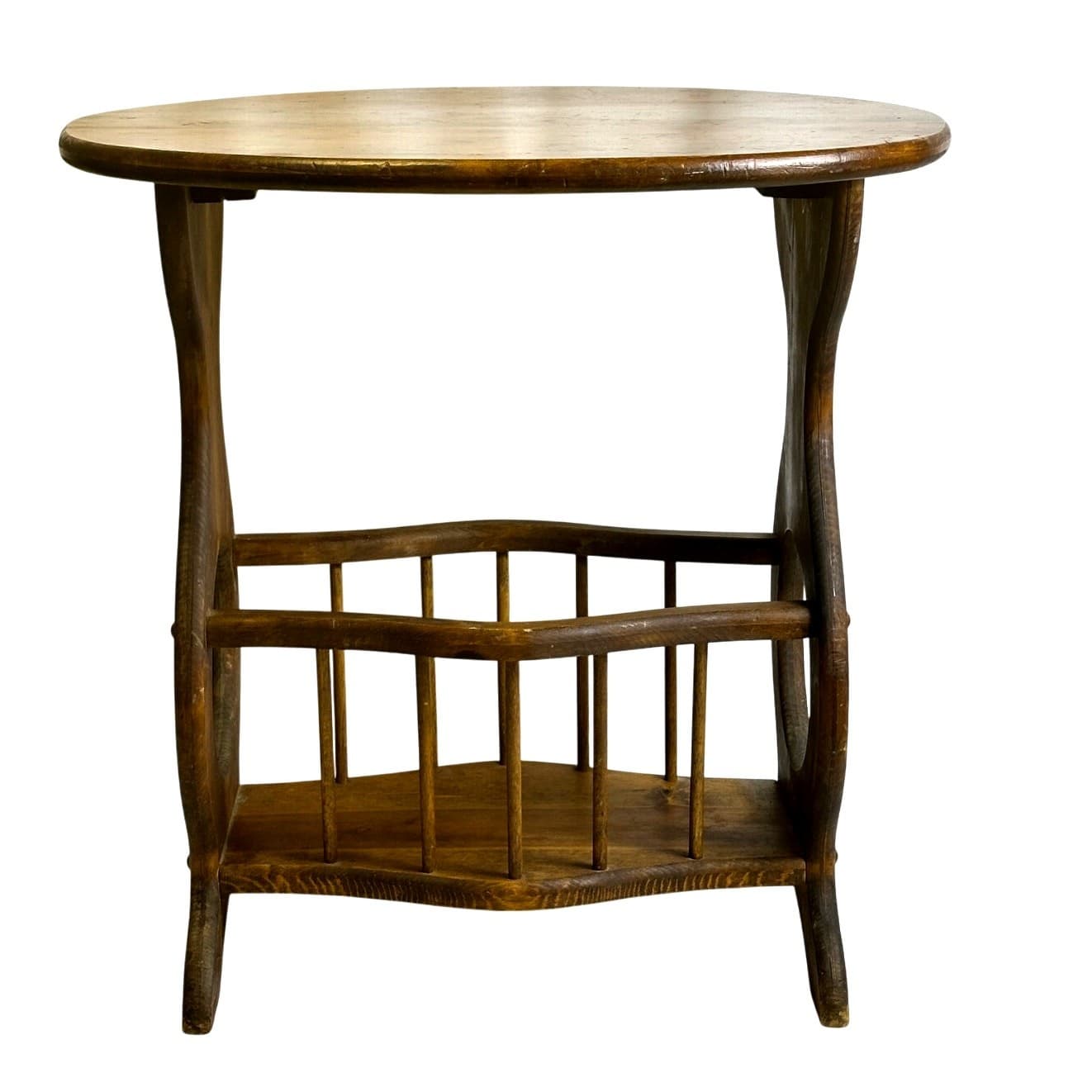 Retro Mid Century Modern Oval Wooden Side Table Spindled Magazine Rack-Rare