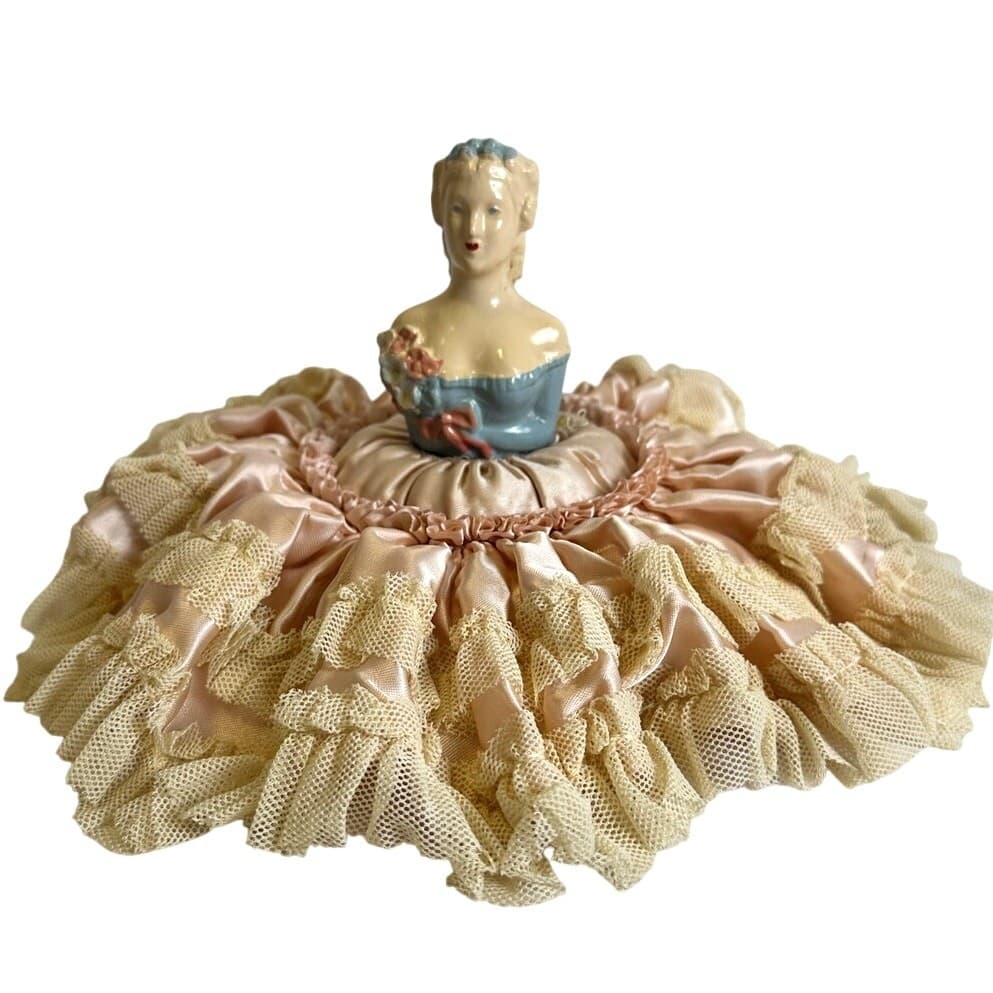 Half Doll Vintage Pink Lace Skirt Pincushion Sewing