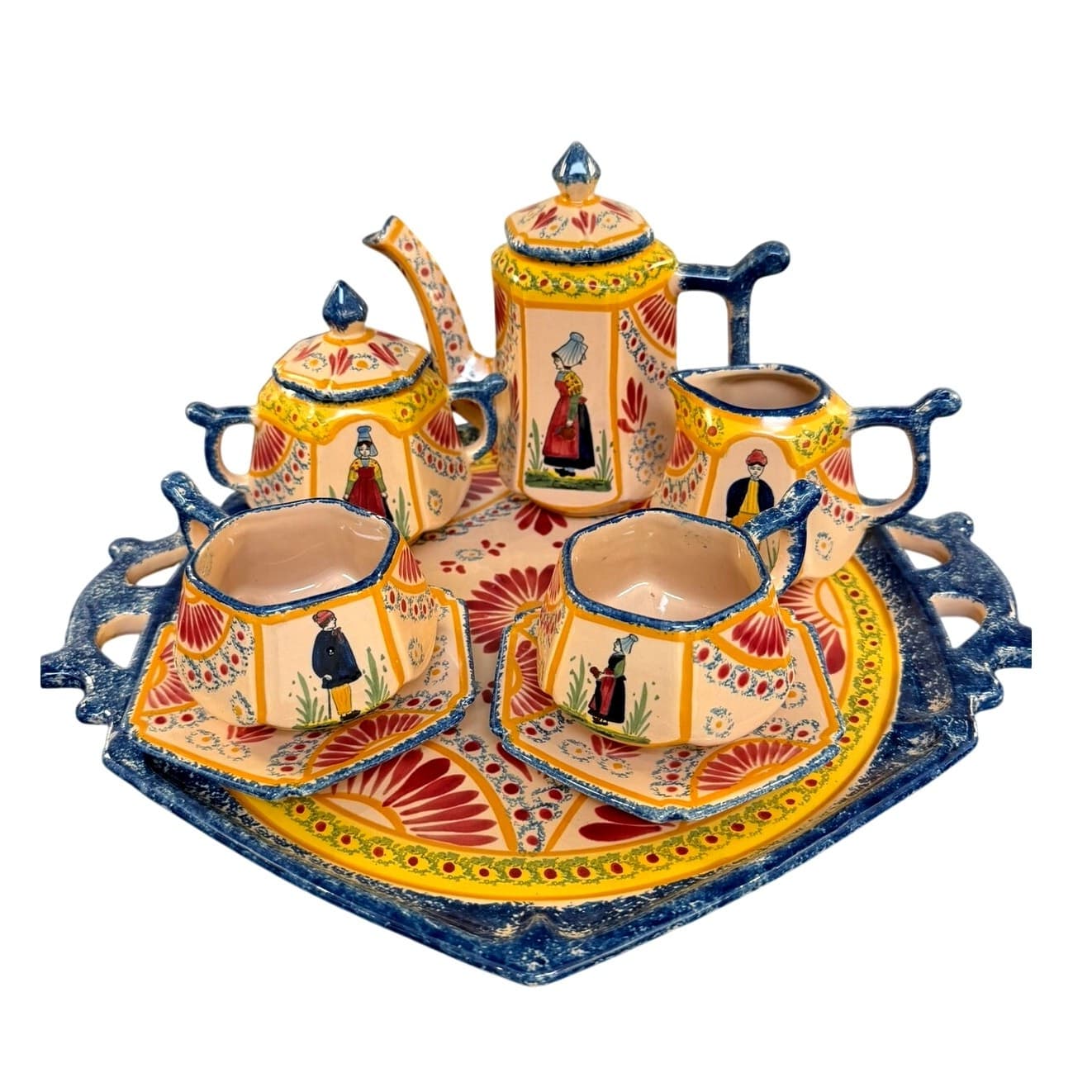 French Vire Faience Vintage Tray Teapot Cups Sugar Cream Covered Dish-9 PC Set