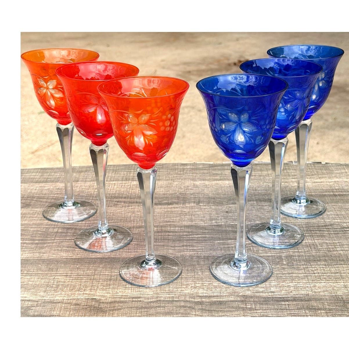 Orange Flash Cobalt Blue Cut-to-Clear Grapevine Vintage Wine Hocks-Set of 6
