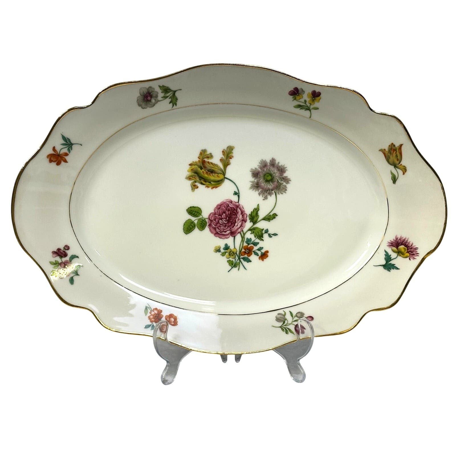 AJCO (AJ07) Vintage 1930's Gold Trim Flower Oval 16 x11 Serving Platter