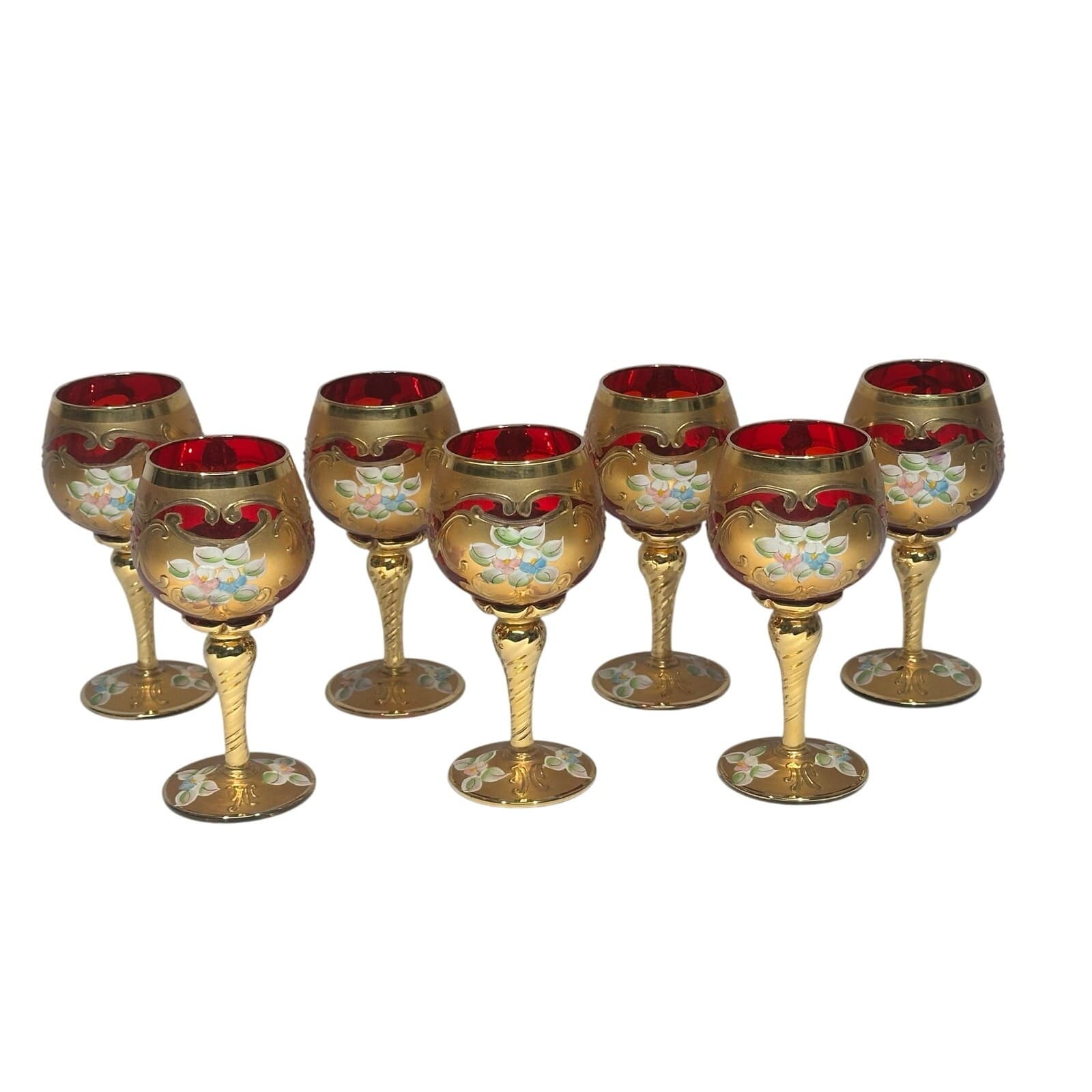 Tre Fuochi Murano Ruby Red Hand Painted Enamel 24KT Gold Overlay Stemware Set-7