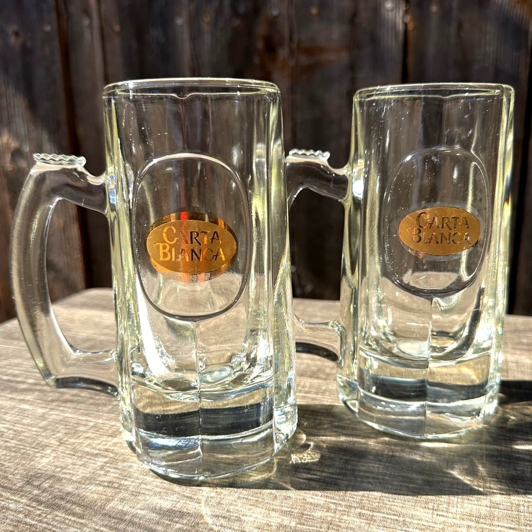 Carta Blanca Vintage Mexican 12oz Thick Glass Beer Stein Gold Logo-Set of 2