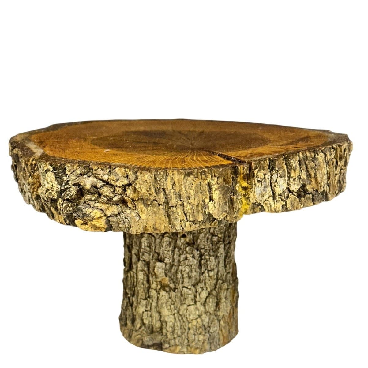Unique Log Slab Pedestal Natural Wood 6.25" Cake Stand w/Rustic Bark Edge Accent