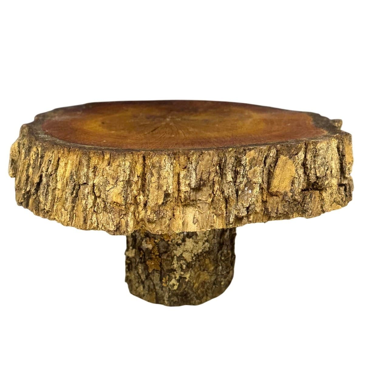 Unique Log Slab Pedestal Natural Wood 5.5" Cake Stand w/Rustic Bark Edge Accent