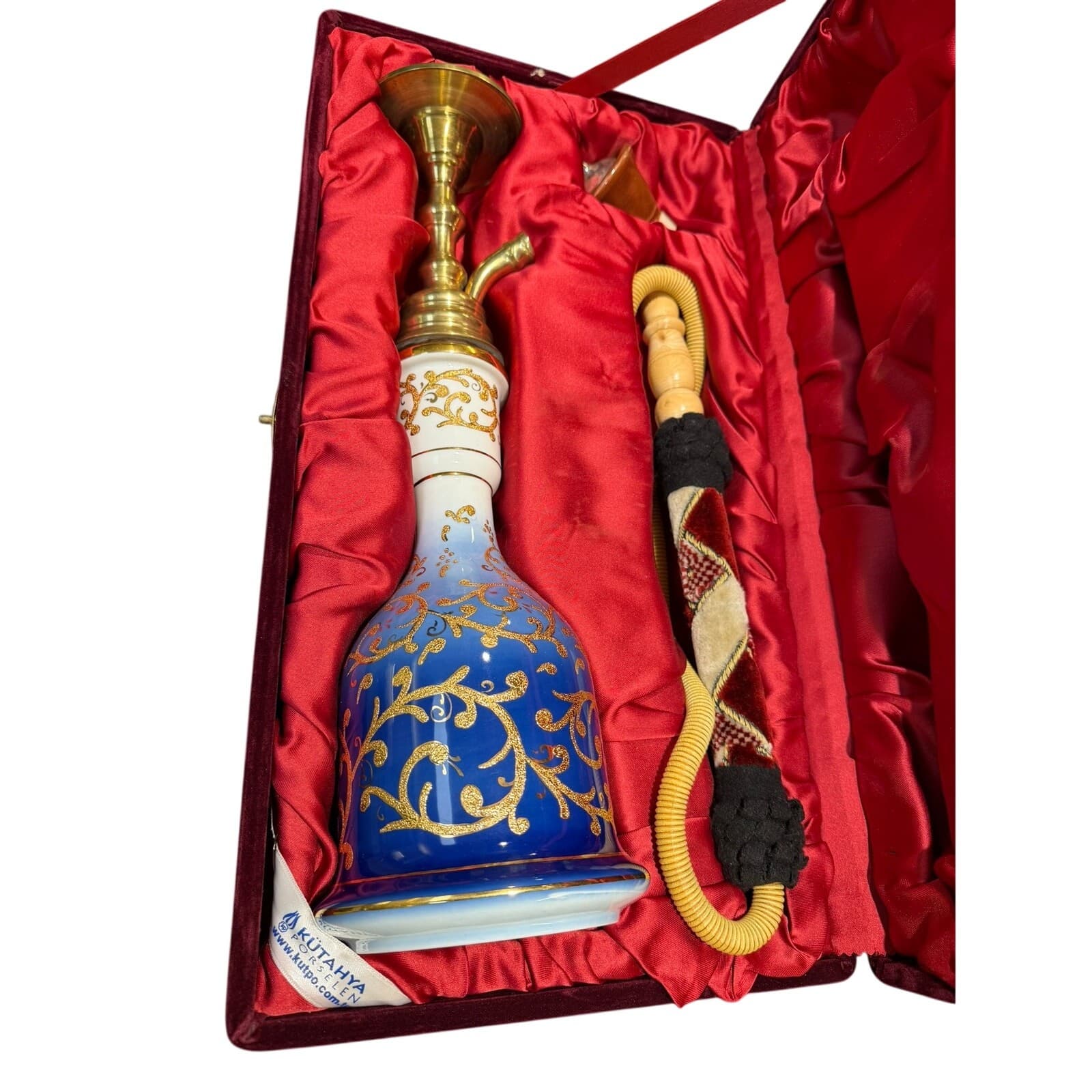 Kutahya Porselen Turkish Hookah Nargile Set Blue Gold Porcelain w/ Case 2003