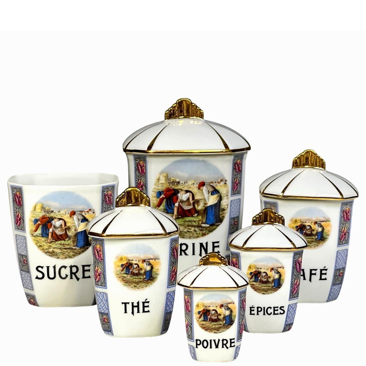 Antique Extremely Rare Limoges French Porcelain Hand Painted Canisters-Set of 6