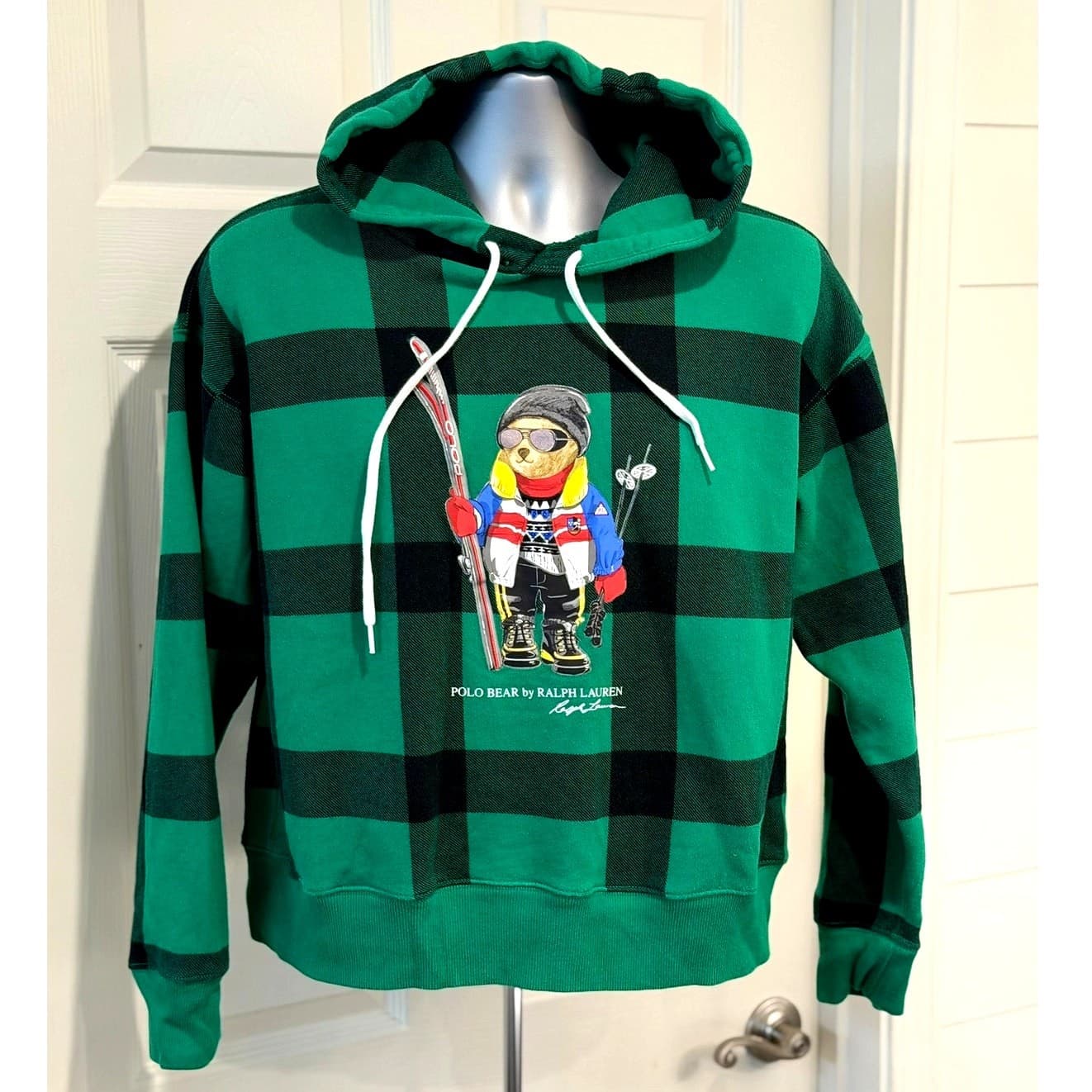 Polo Ralph Lauren Ski Bear Buffalo Plaid Hoodie Green Black Men's L Fleece