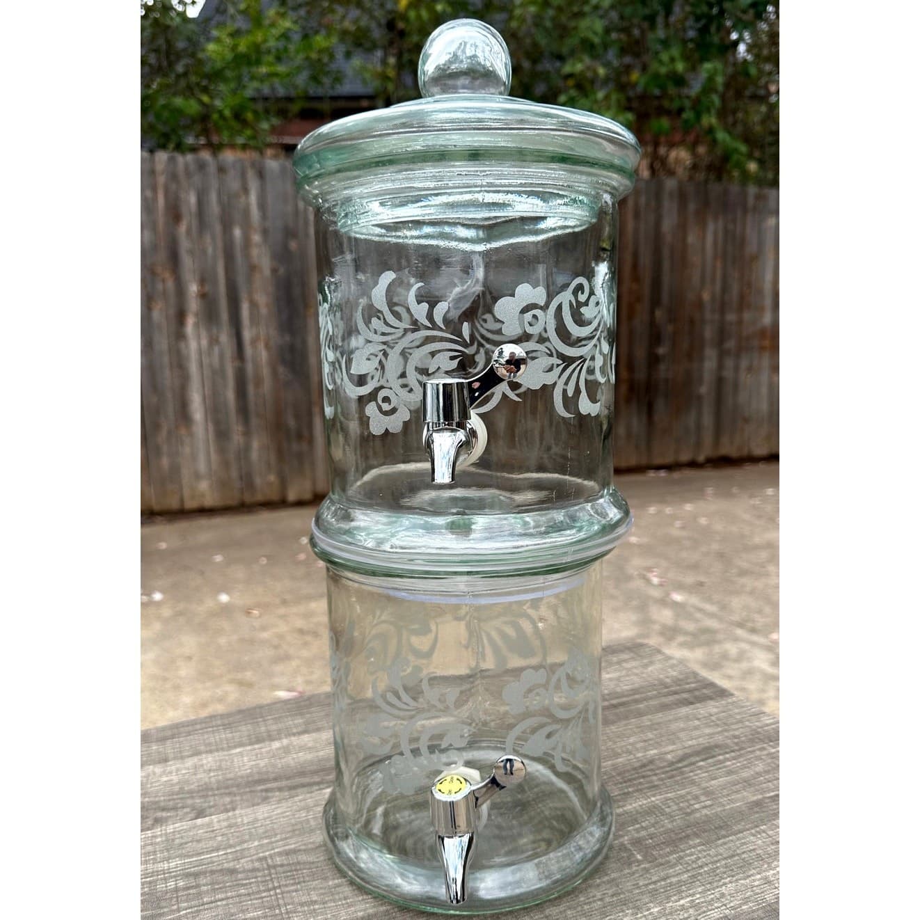 Large Heavy Glass Etched Floral Design Stacking 2-Part Beverage Dispenser