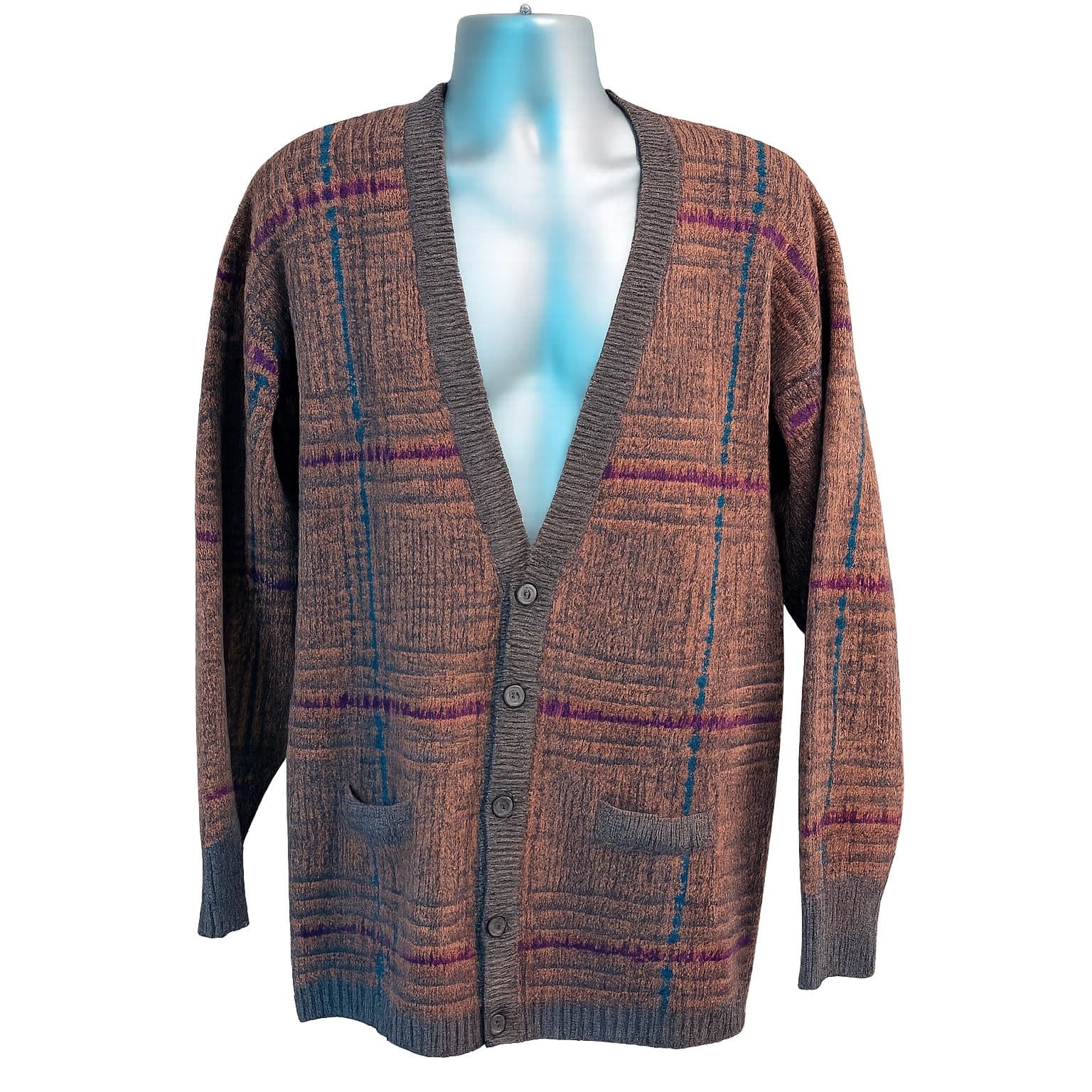 Vintage Neiman Marcus 100% Virgin Wool Cardigan Men's L Brown Plaid Uruguay